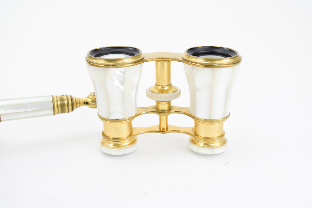 Antique French Lemair Mother of Pearl and Brass Opera Glasses With Handle