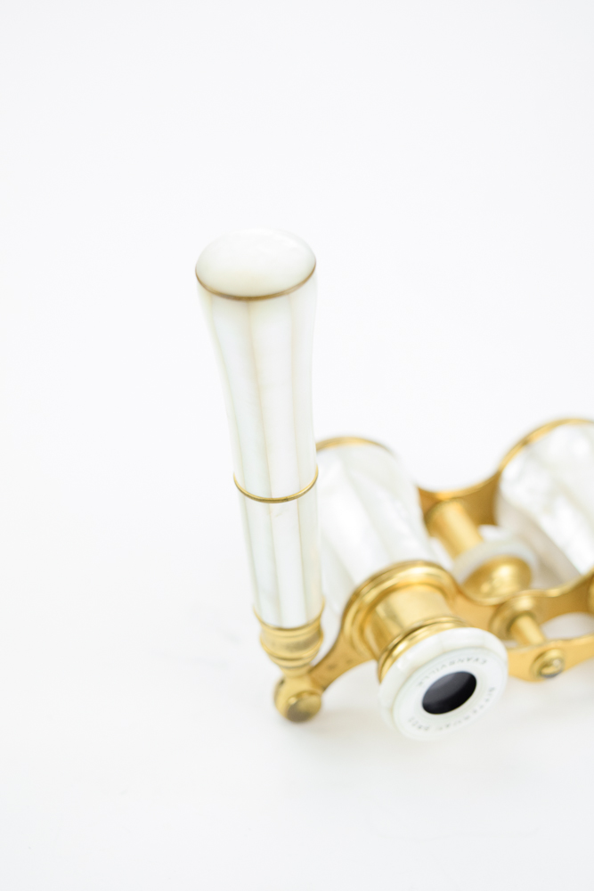 Antique French Lemair Mother of Pearl and Brass Opera Glasses With Handle