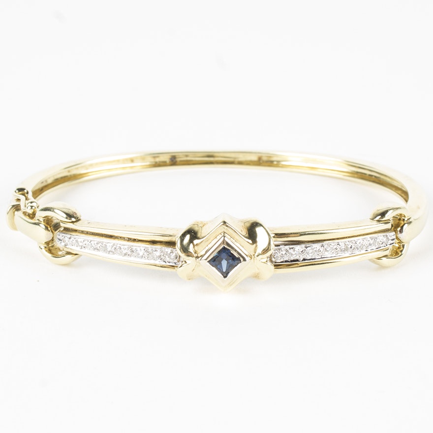 14K Yellow Gold Sapphire and Diamond Bangle Bracelet