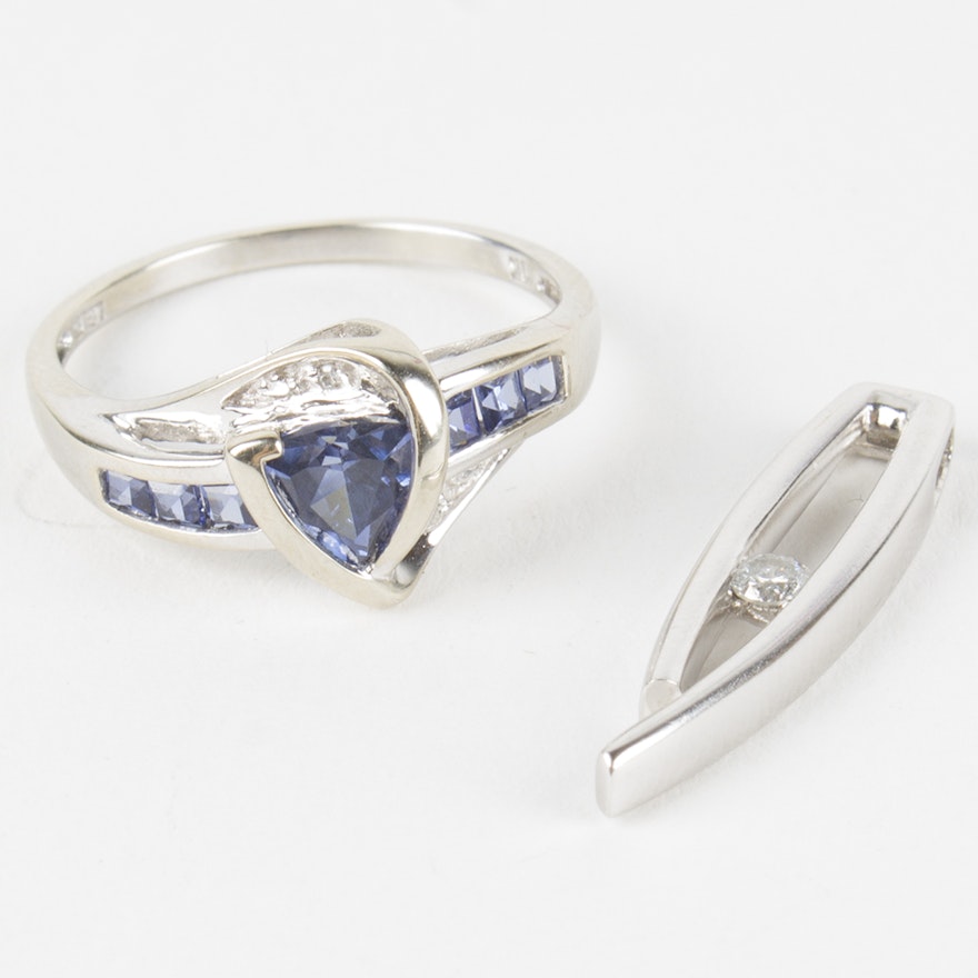 10K White Gold Ring and Pendant with Tanzanite and Diamonds