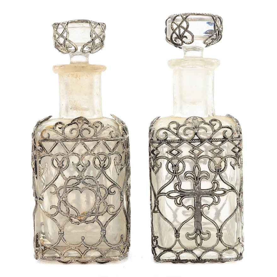 1890s Holy Water Glass Bottles With Silver Wire Finish