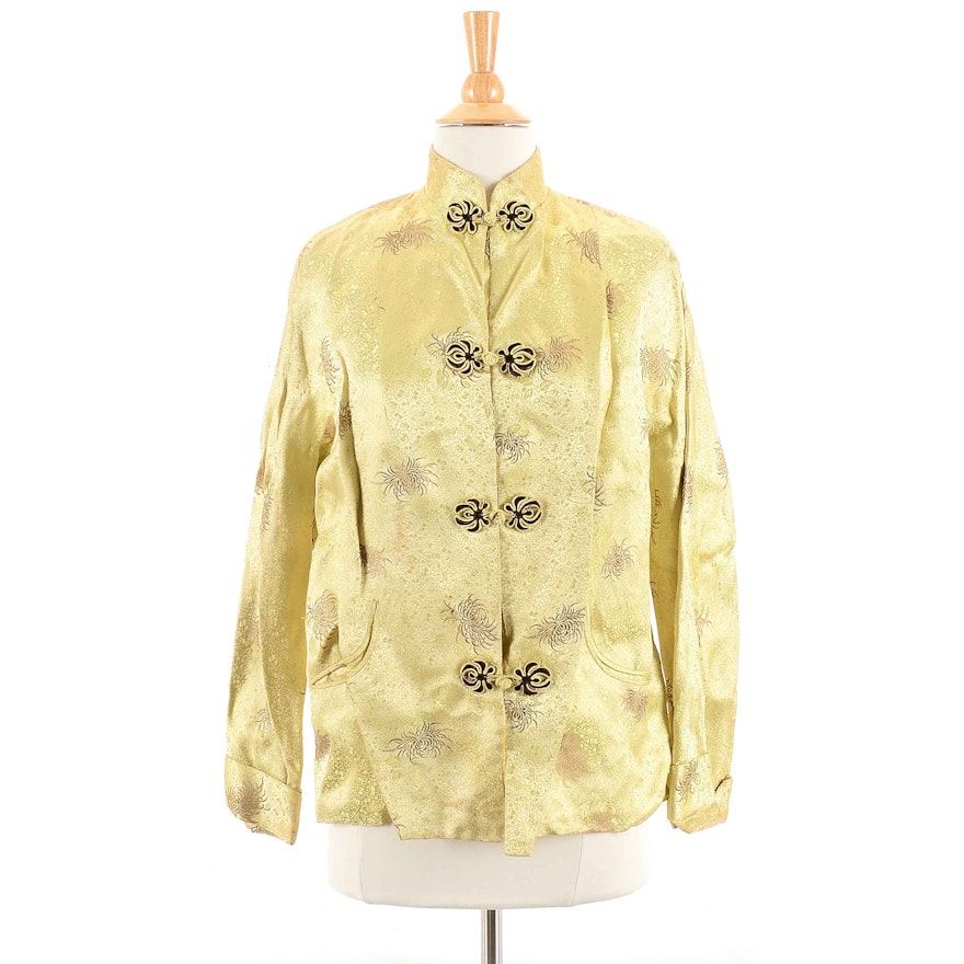 Vintage Chinese Yellow Silk Brocade Jacket with Spider Mum Motif