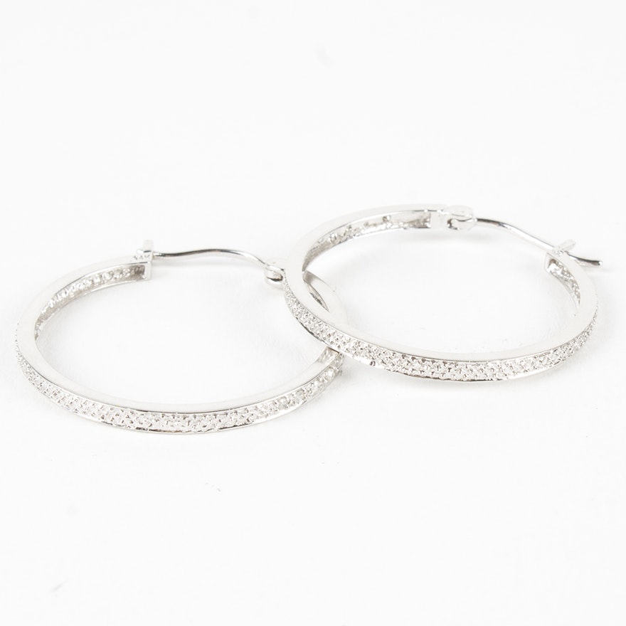 14K White Gold Diamond Hoop Earrings