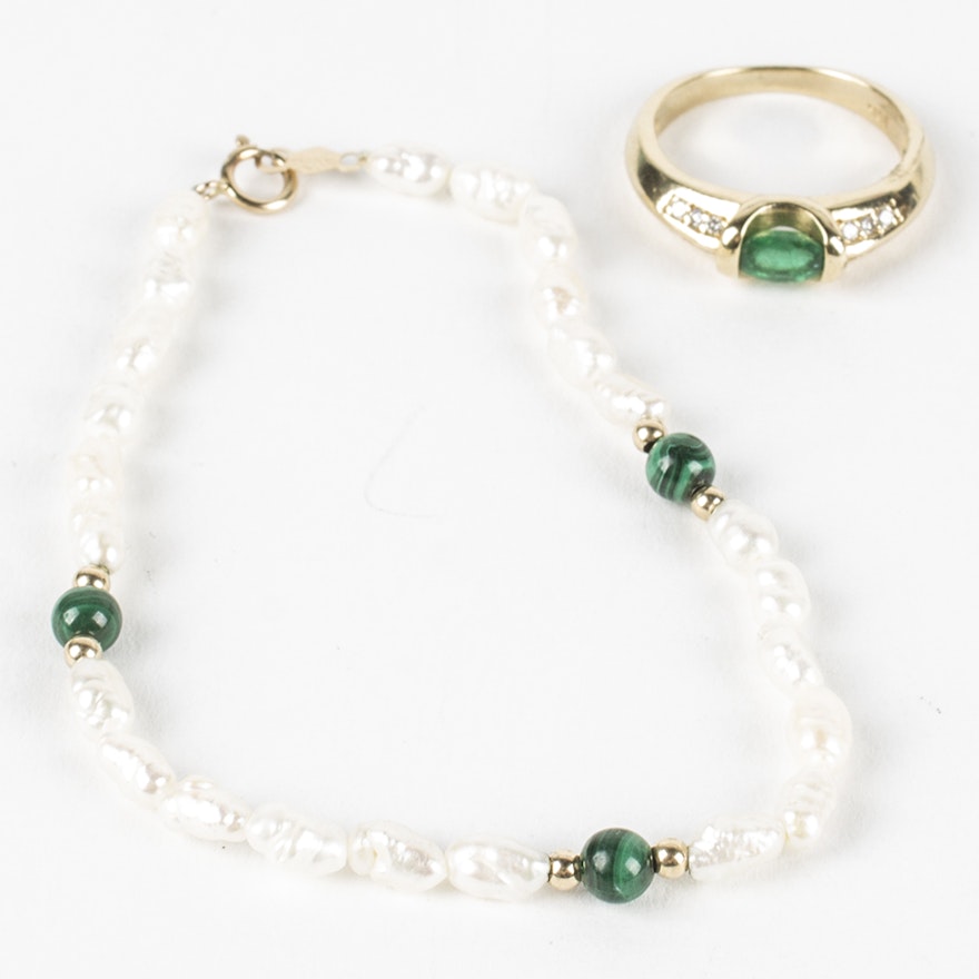 14K Yellow Gold Diamond and Emerald Ring with Pearl and Malachite Bracelet