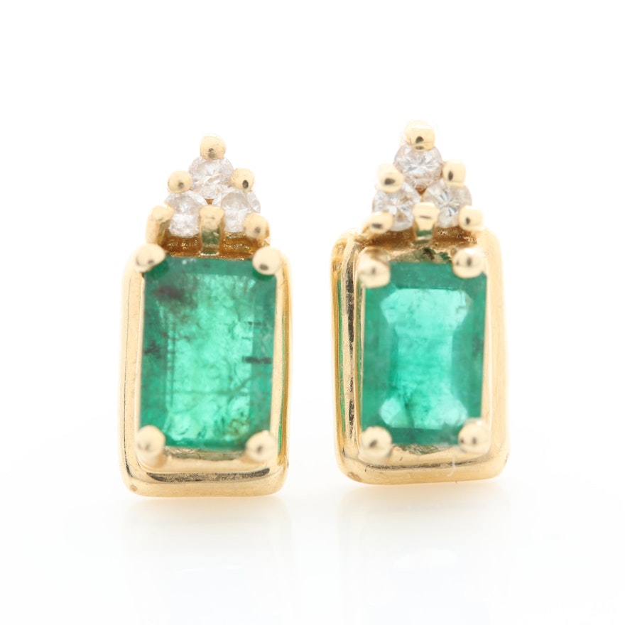 14K Yellow Gold Emerald and Diamond Stud Earrings