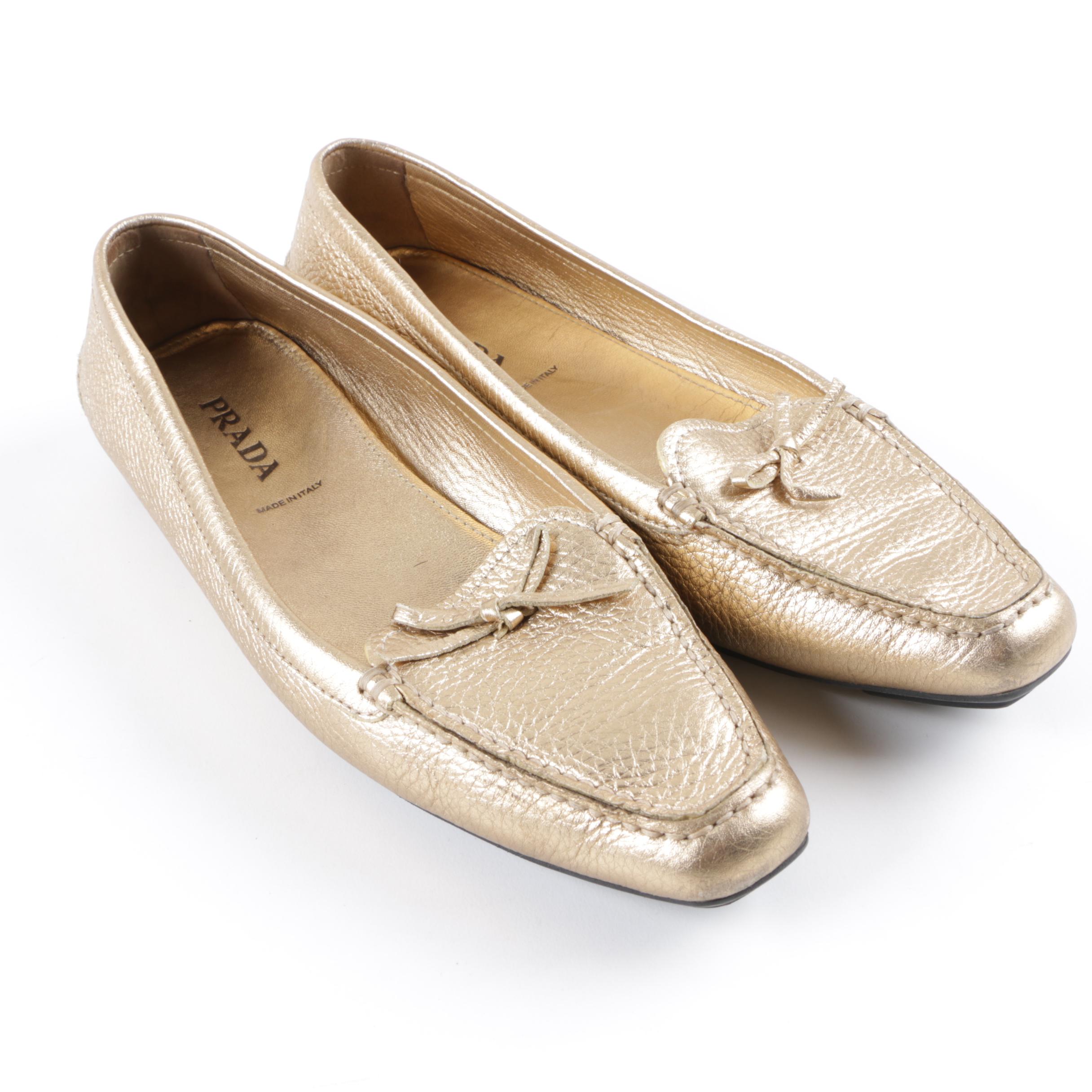 Women's Prada Metallic Gold Leather Flats, Made in Italy
