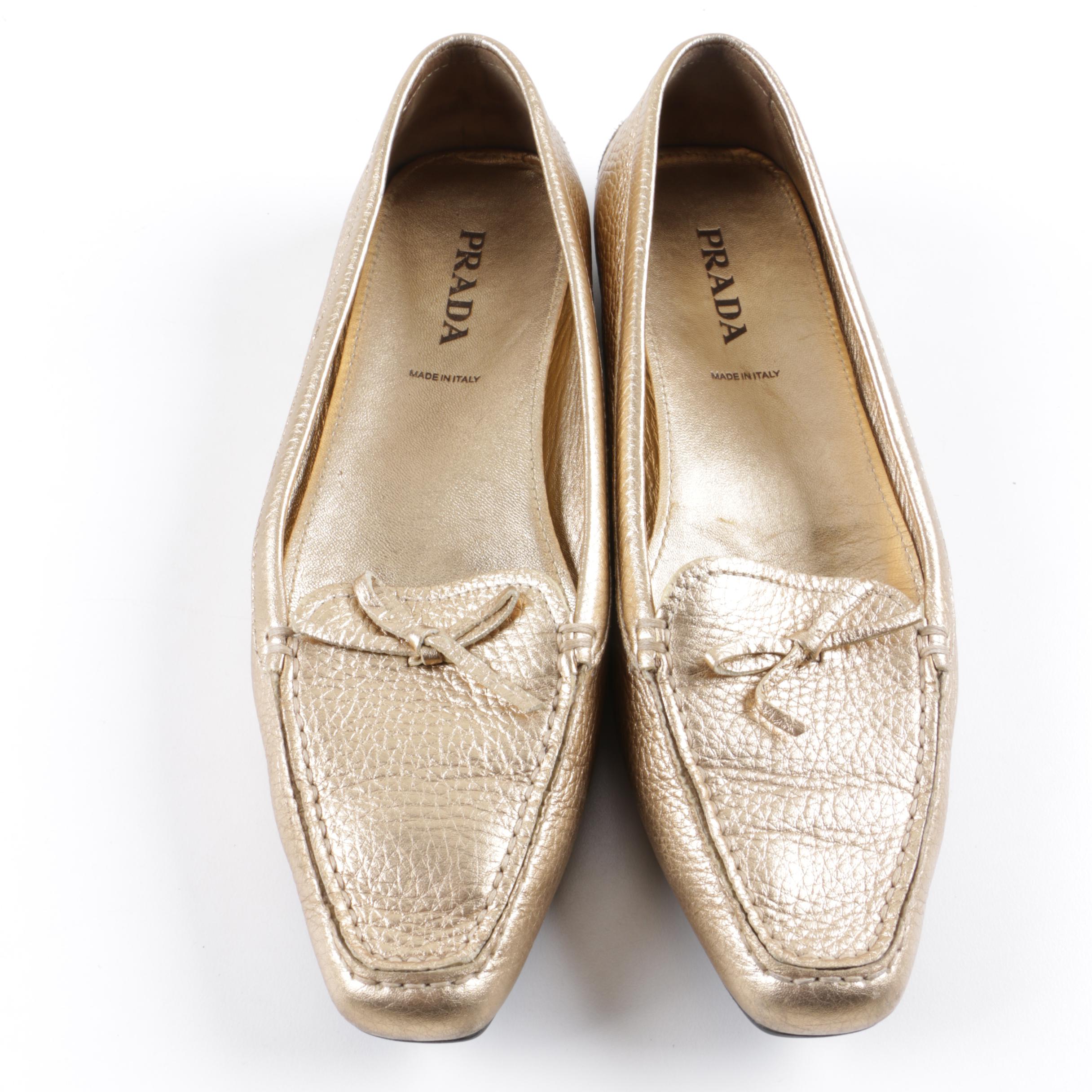 Women's Prada Metallic Gold Leather Flats, Made in Italy