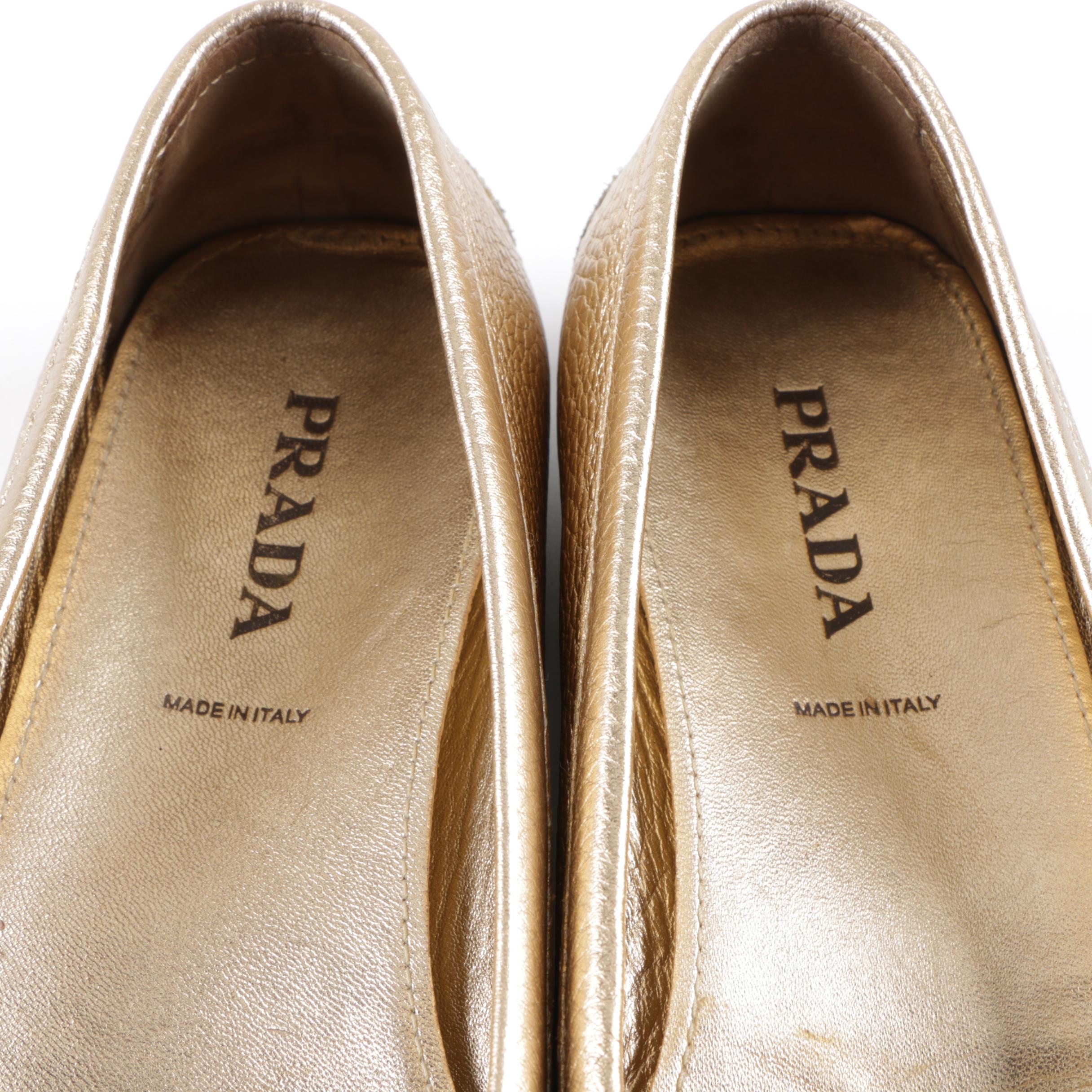 Women's Prada Metallic Gold Leather Flats, Made in Italy
