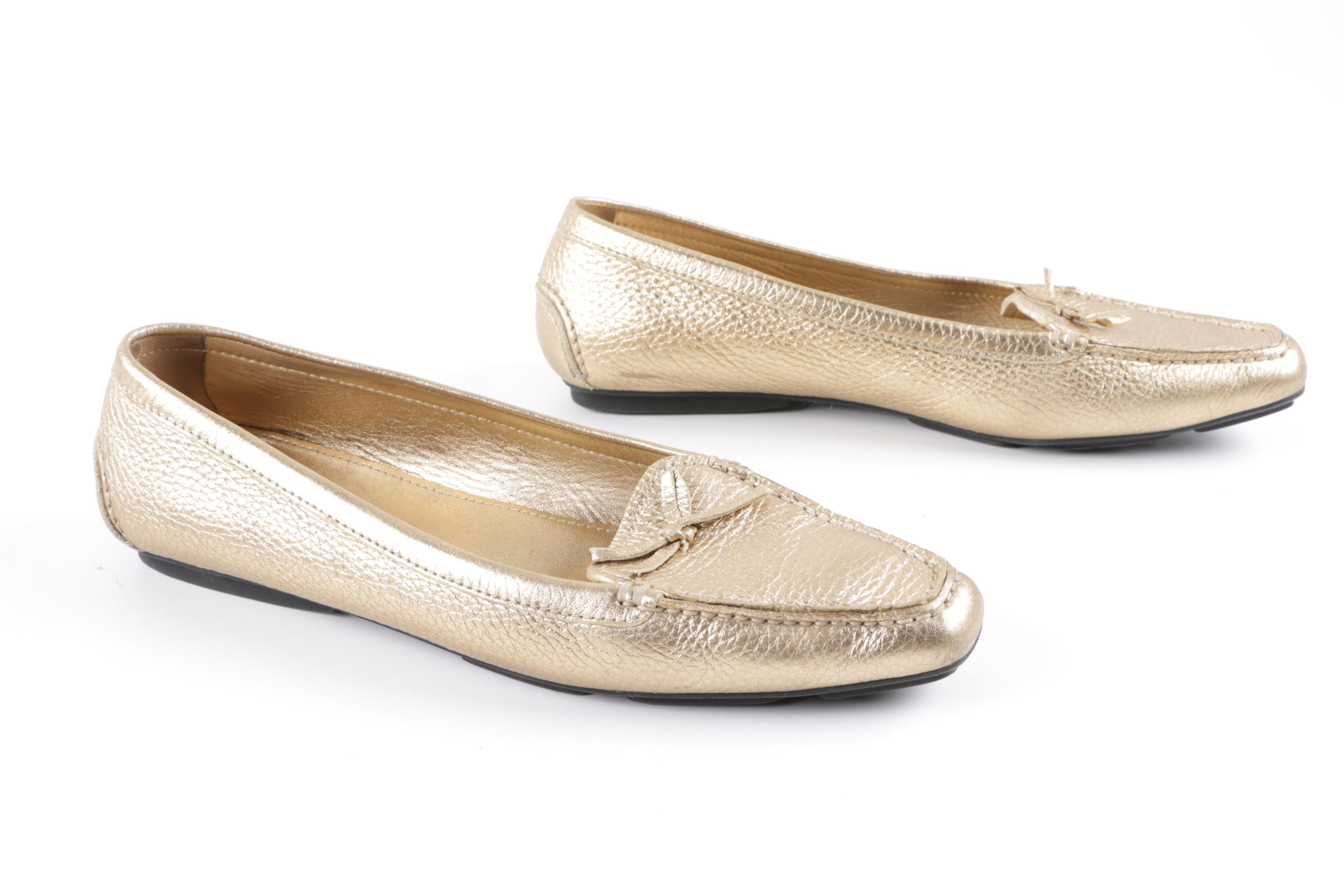 Women's Prada Metallic Gold Leather Flats, Made in Italy