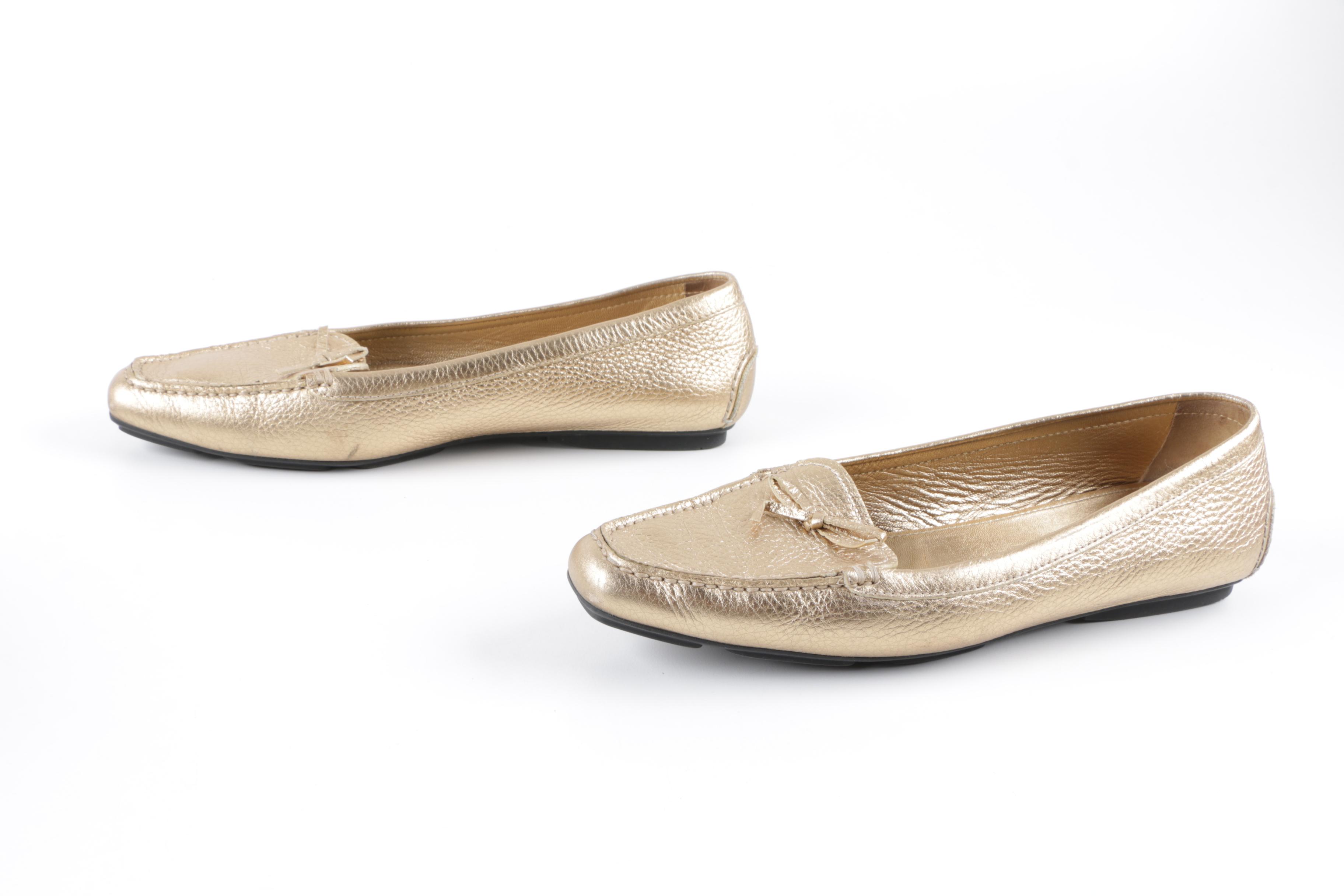 Women's Prada Metallic Gold Leather Flats, Made in Italy
