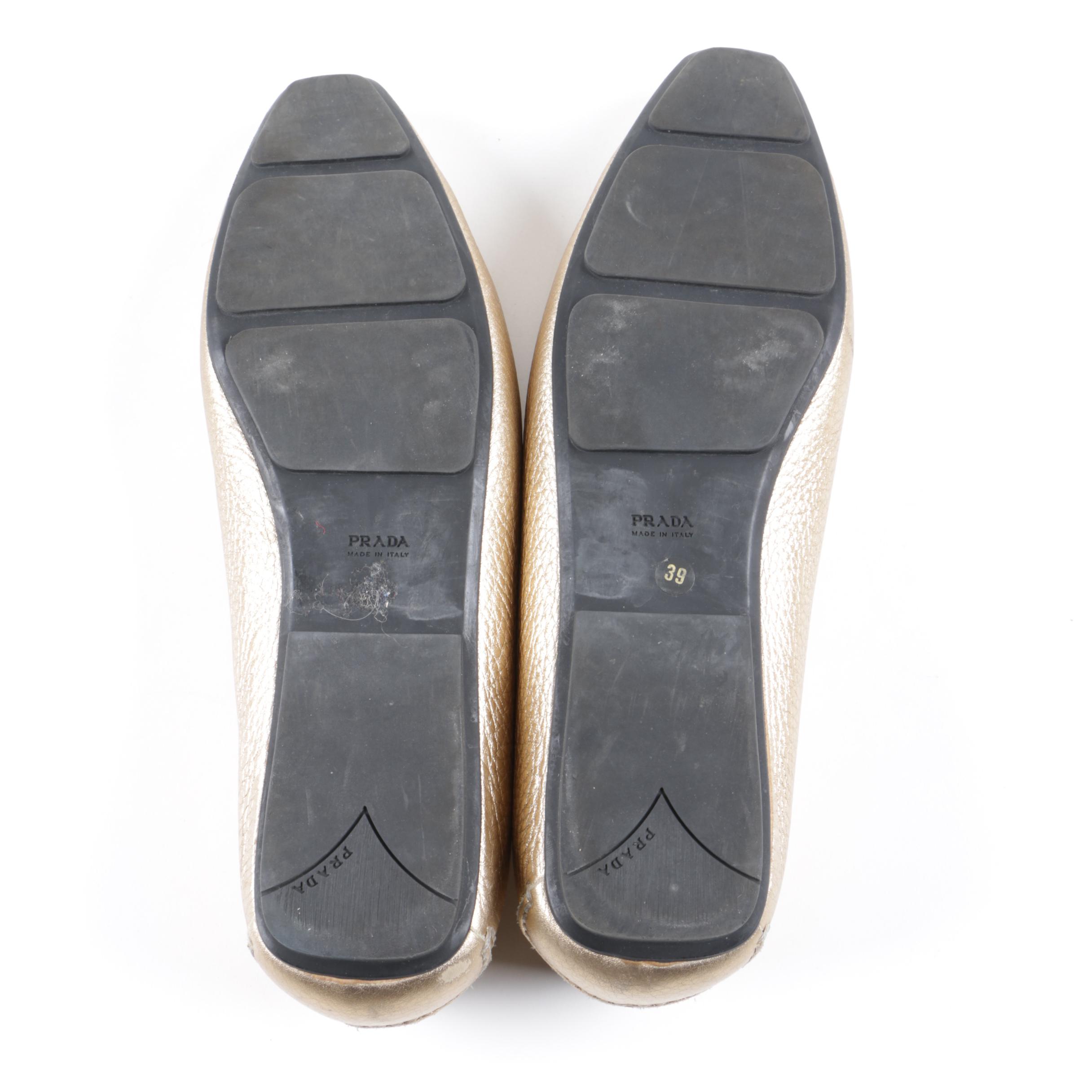 Women's Prada Metallic Gold Leather Flats, Made in Italy