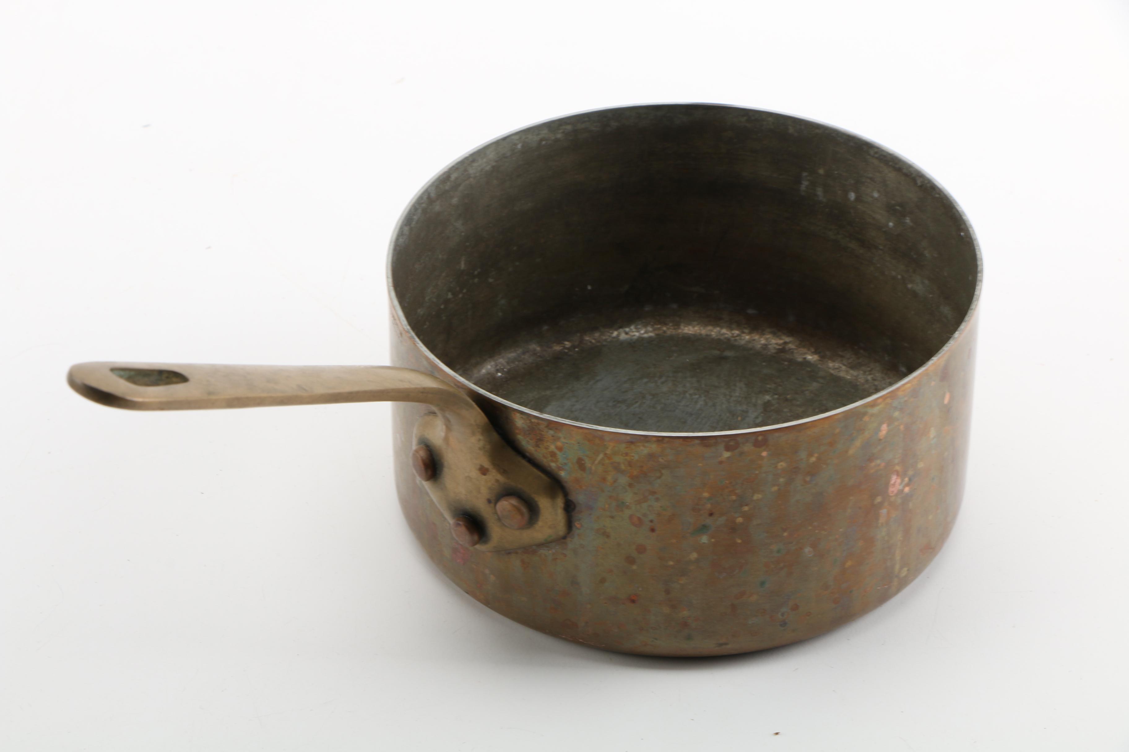 Vintage Copper Sauce Pots with Brass Handles