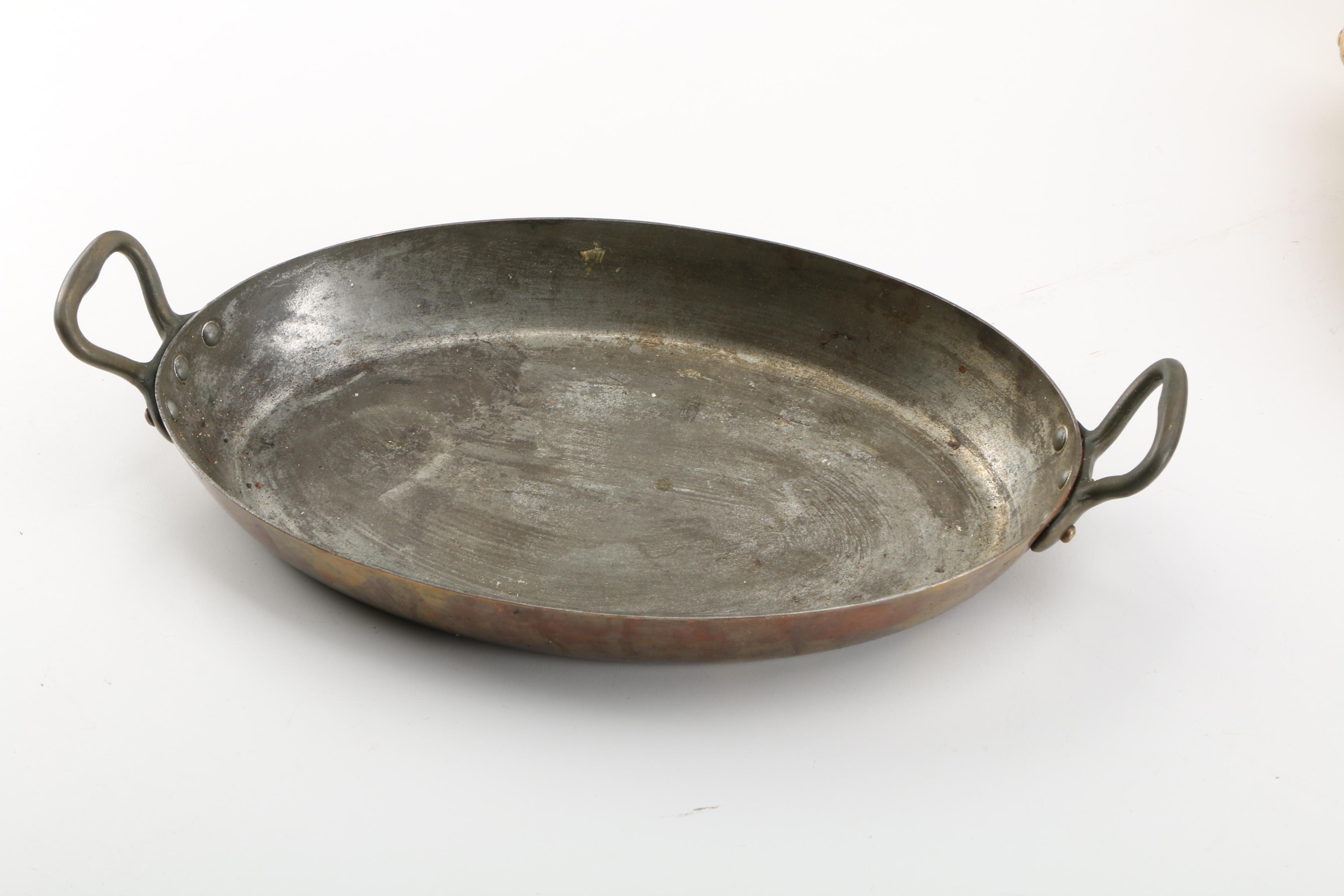 Vintage French Copper Au Gratin Pans Including Bonjour and E. Dehillerin