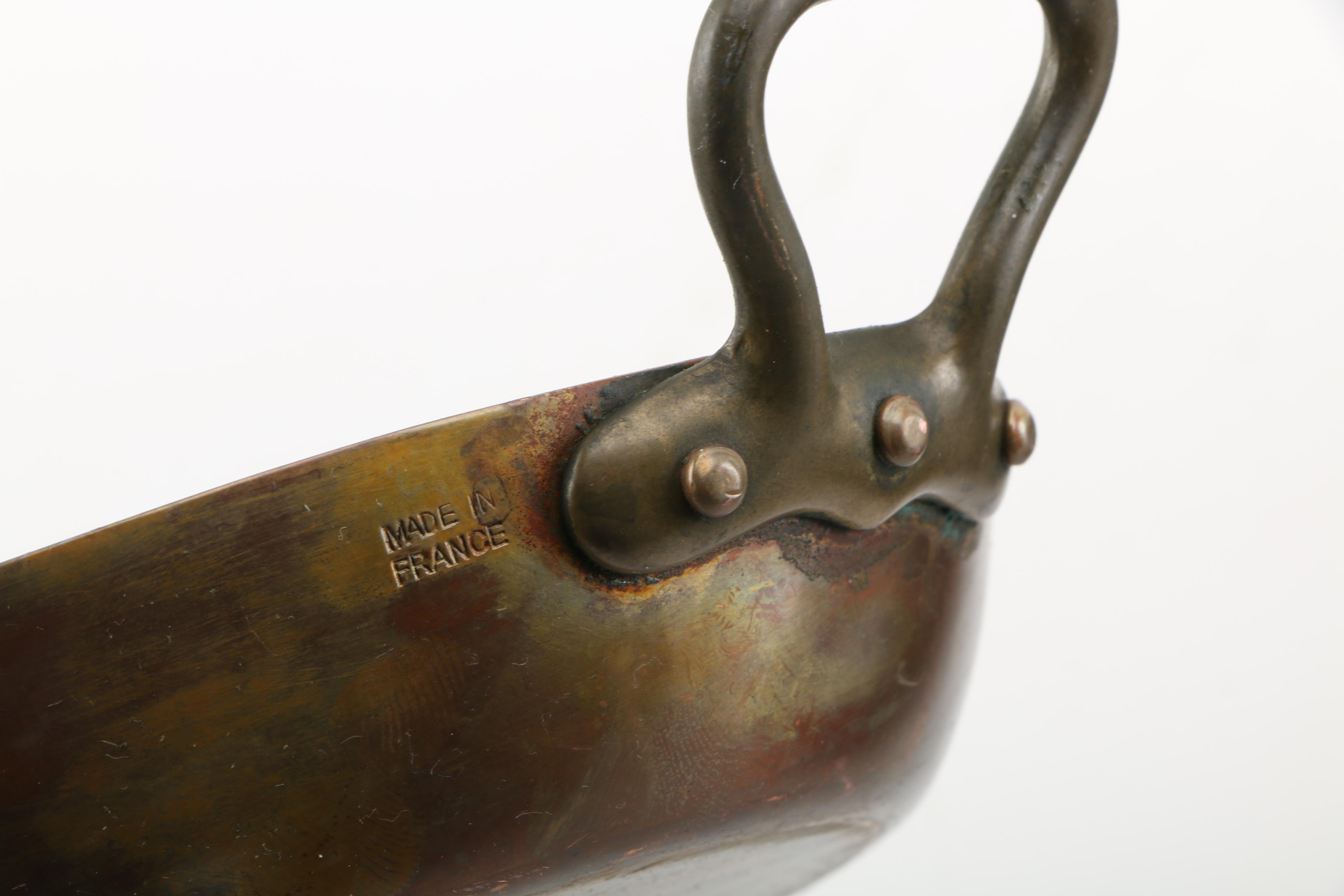 Vintage French Copper Au Gratin Pans Including Bonjour and E. Dehillerin