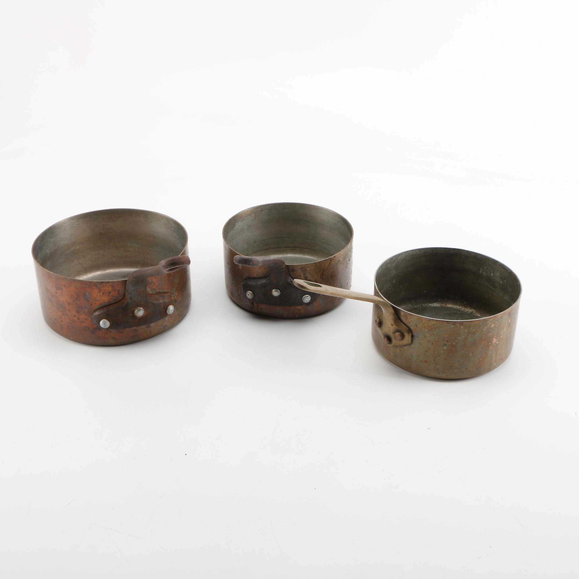 Vintage Copper Sauce Pots with Brass Handles