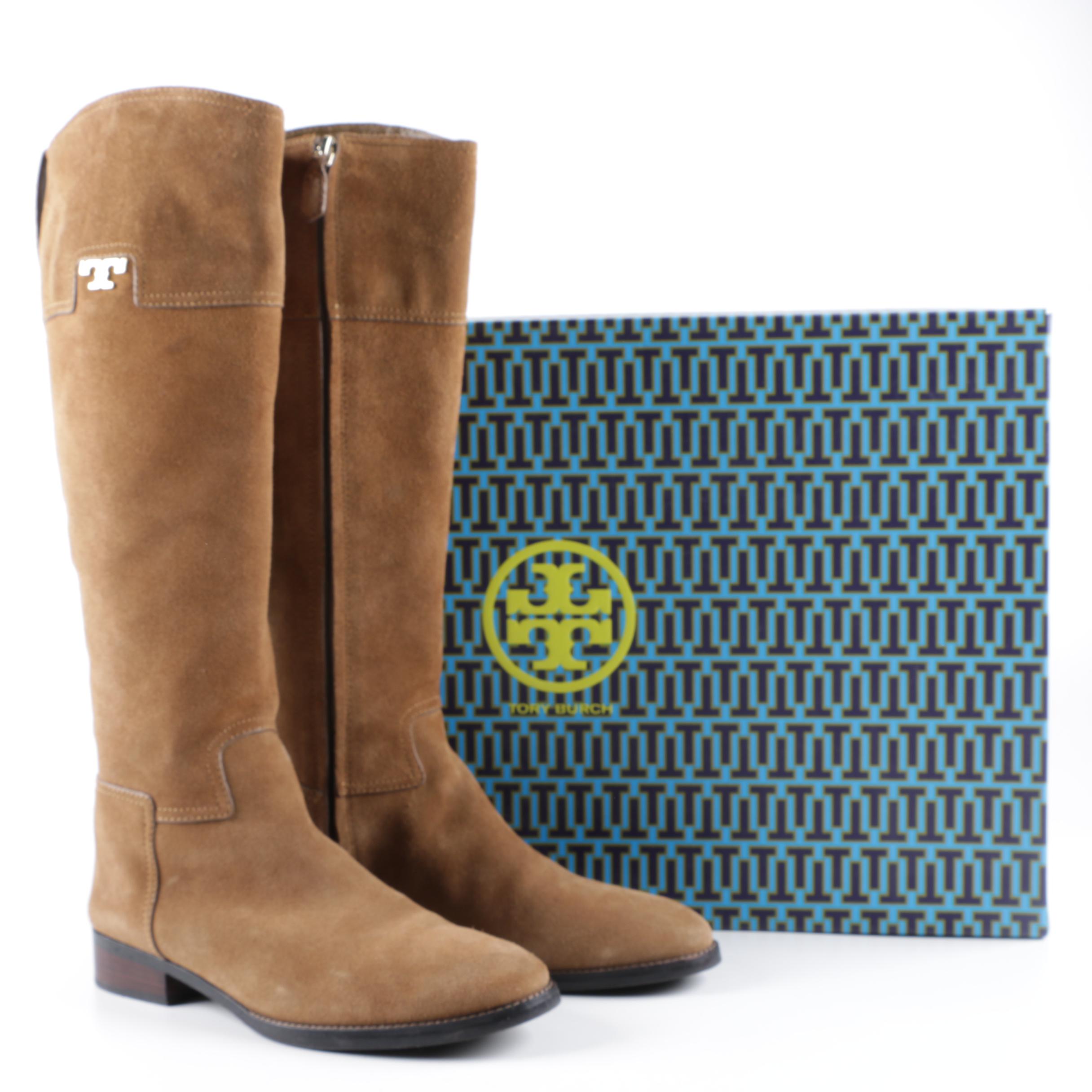 Tory Burch Selden Tan Suede Riding Boots