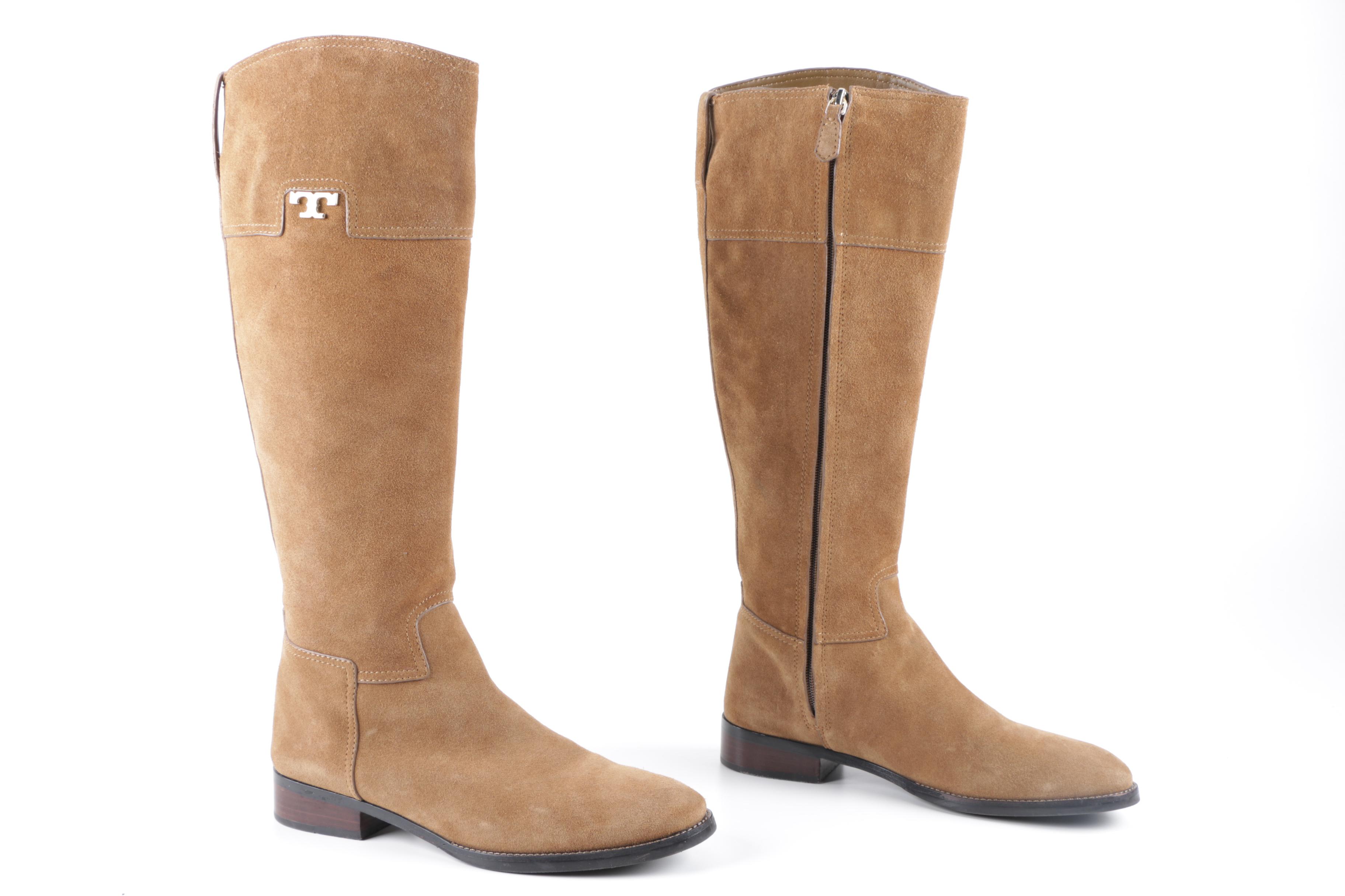Tory Burch Selden Tan Suede Riding Boots