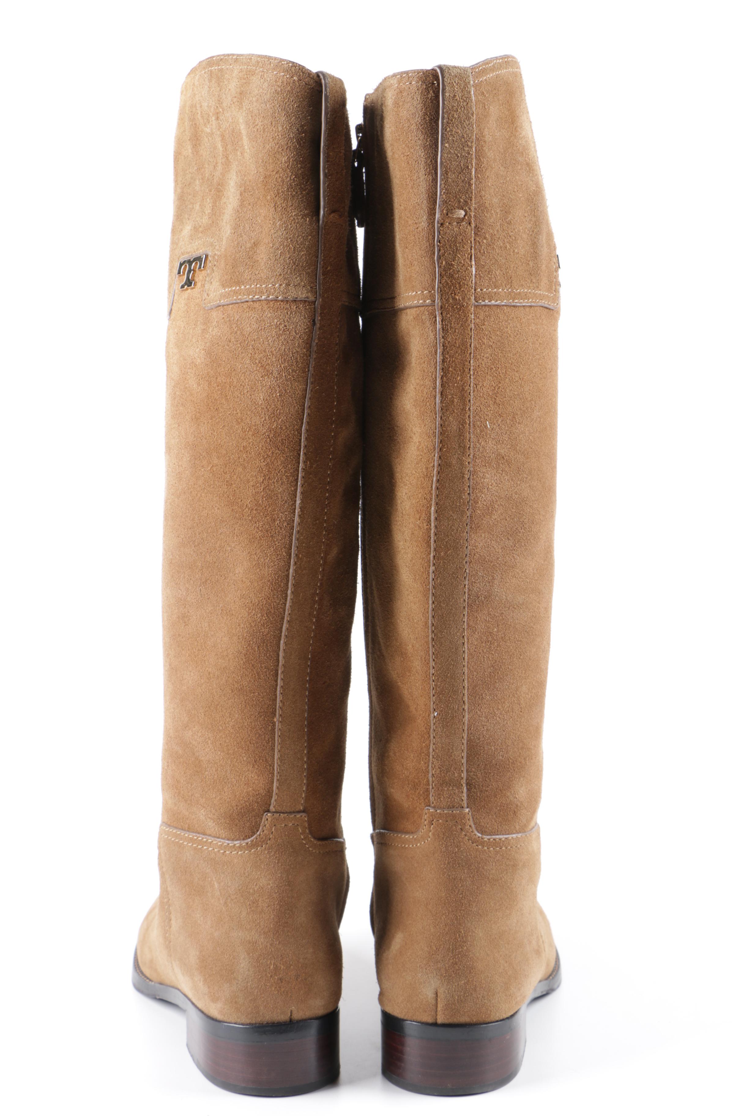 Tory Burch Selden Tan Suede Riding Boots