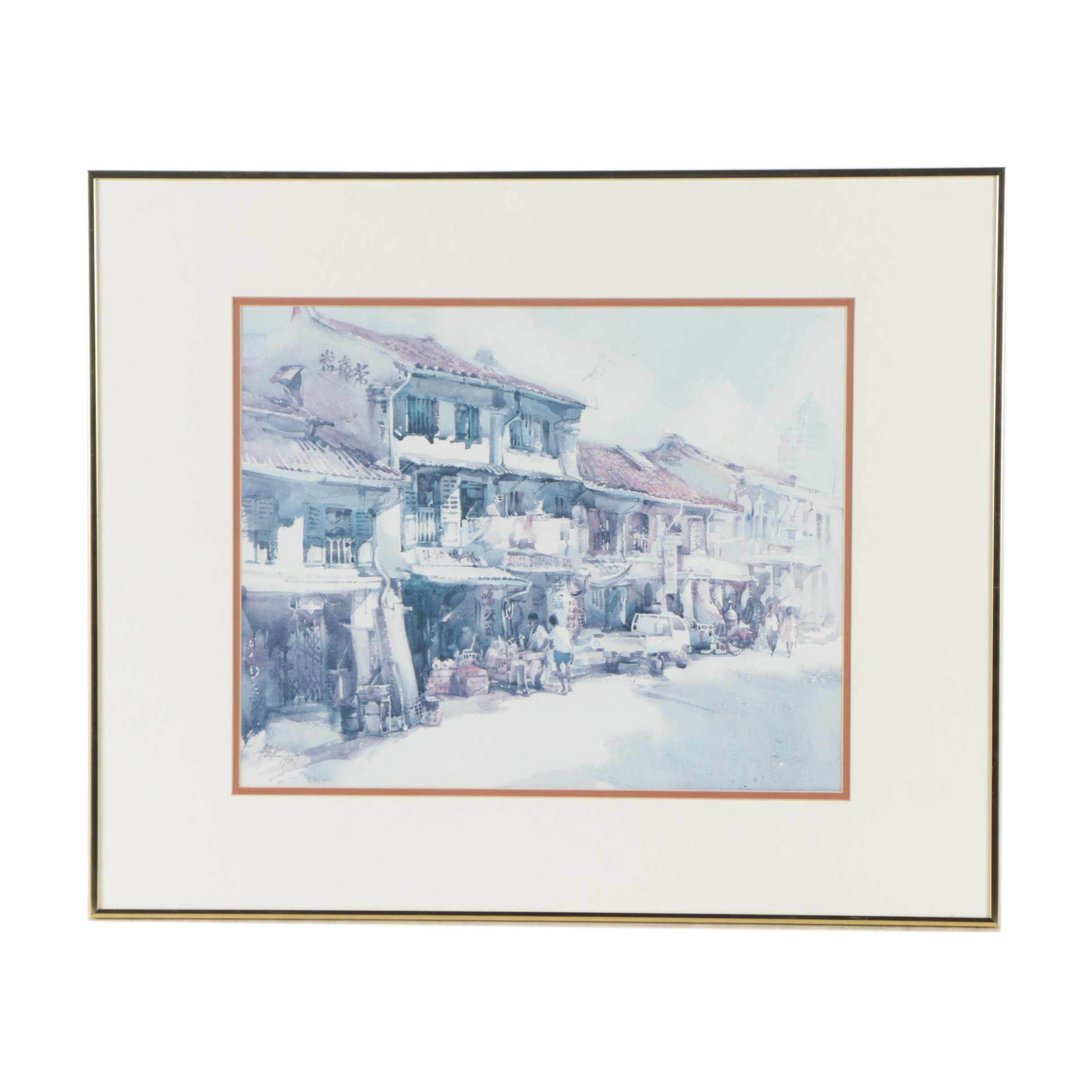 Offset Lithograph After Pek of Street Scene