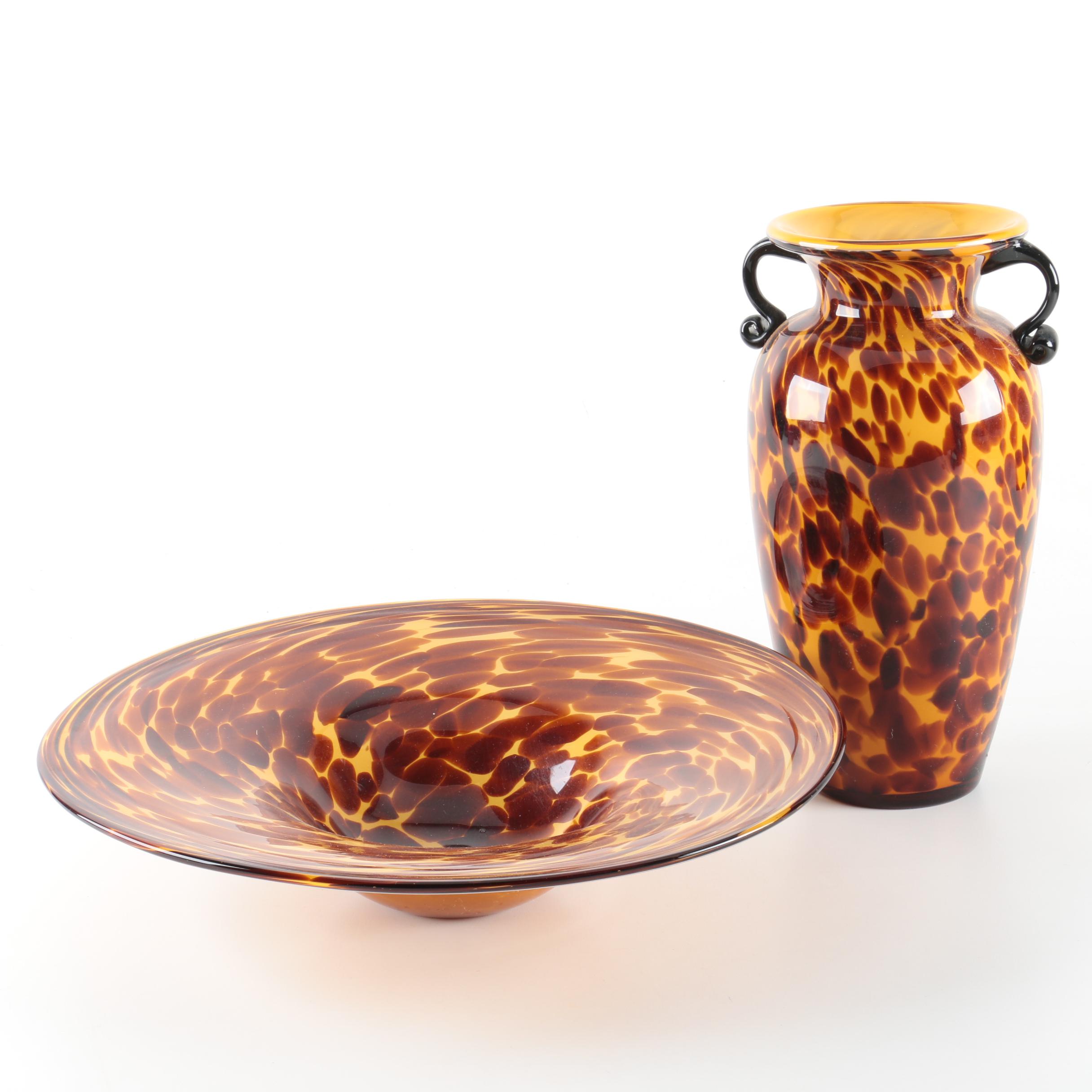 Hand Blown Tortoise Shell Style Art Glass Vase and Centerpiece