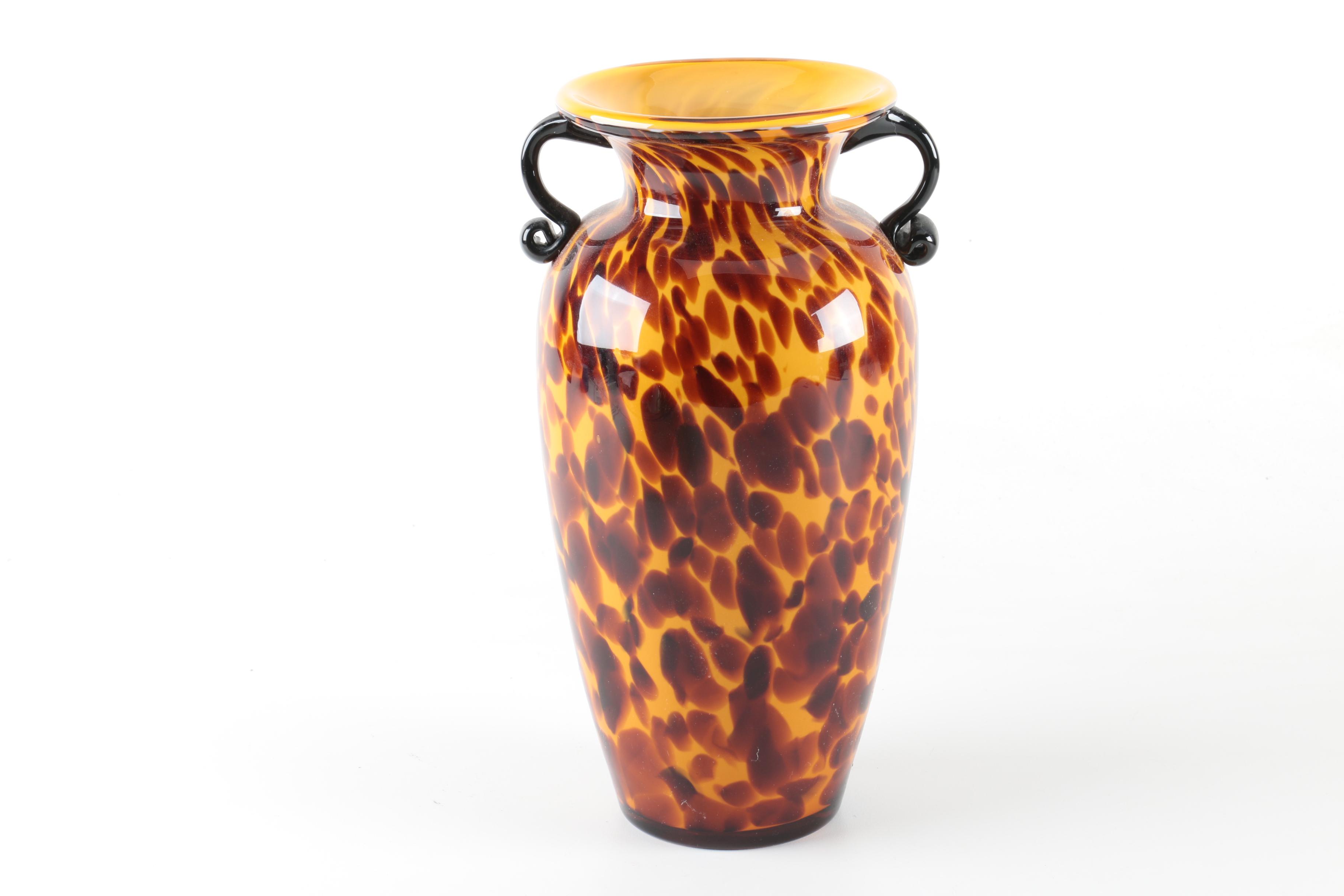 Hand Blown Tortoise Shell Style Art Glass Vase and Centerpiece