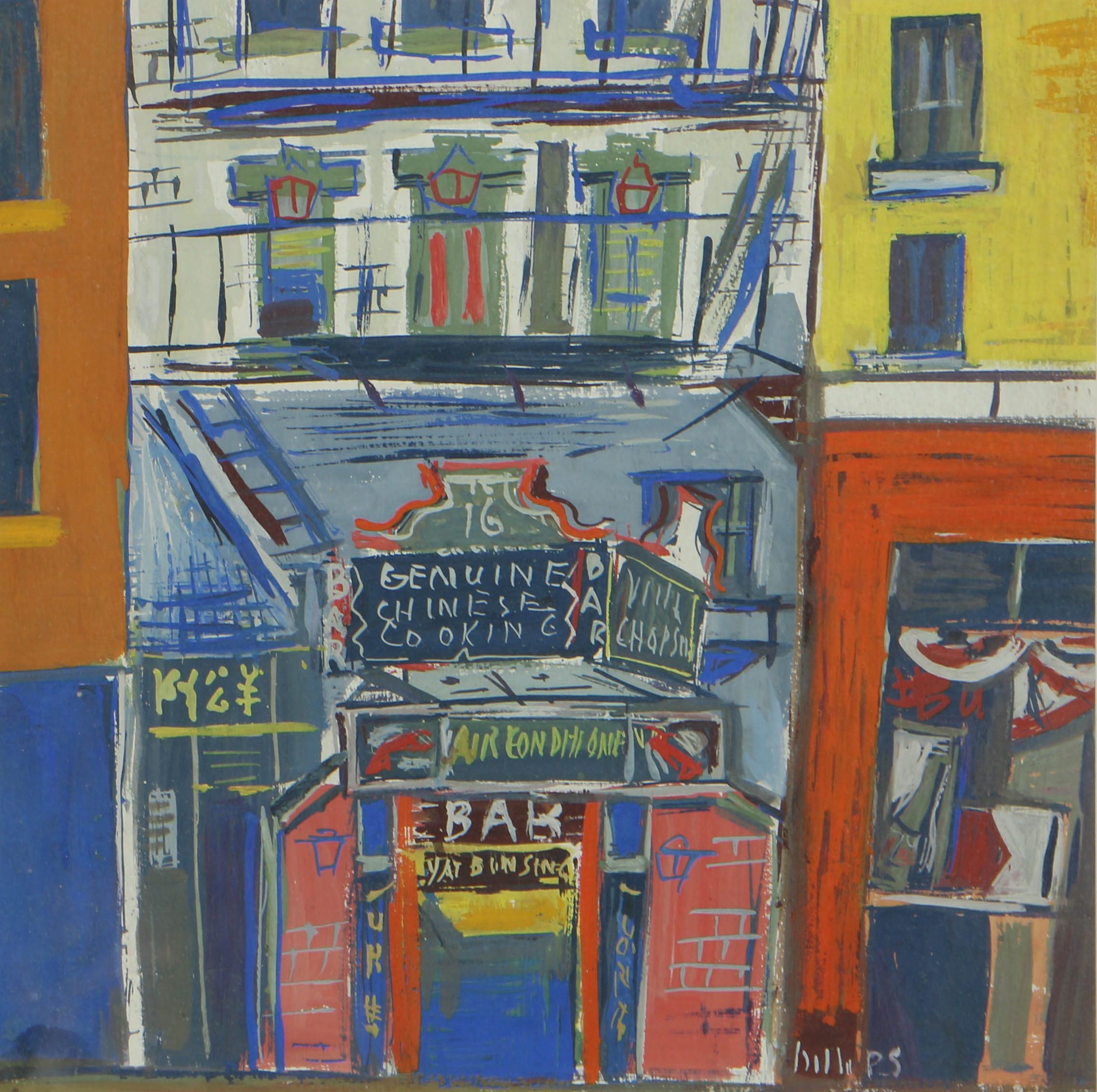 Esther Phillips Gouache Painting of Greenwich Village Street Scene