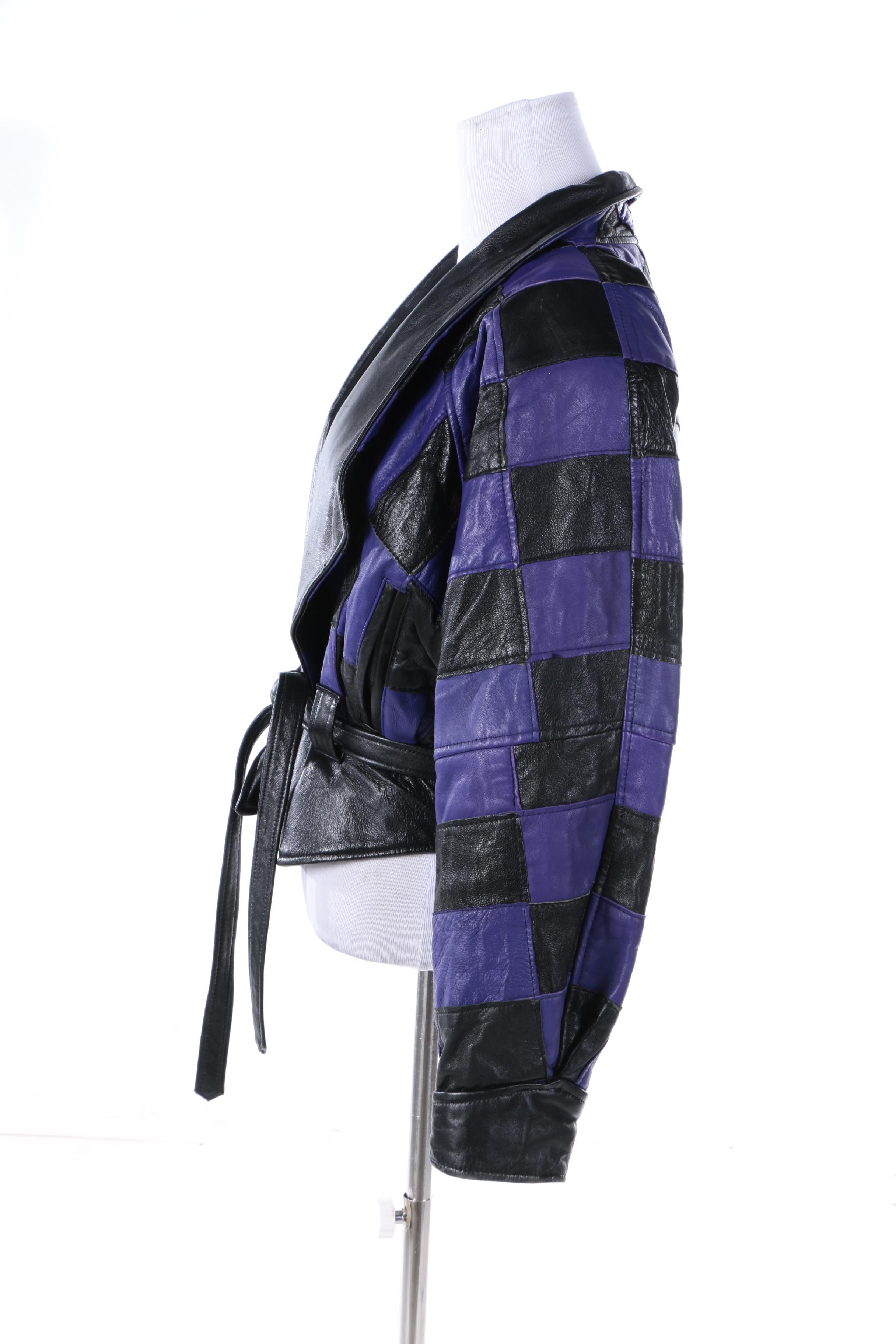1980s Vintage Twin's Black and Purple Checkered Leather Jacket