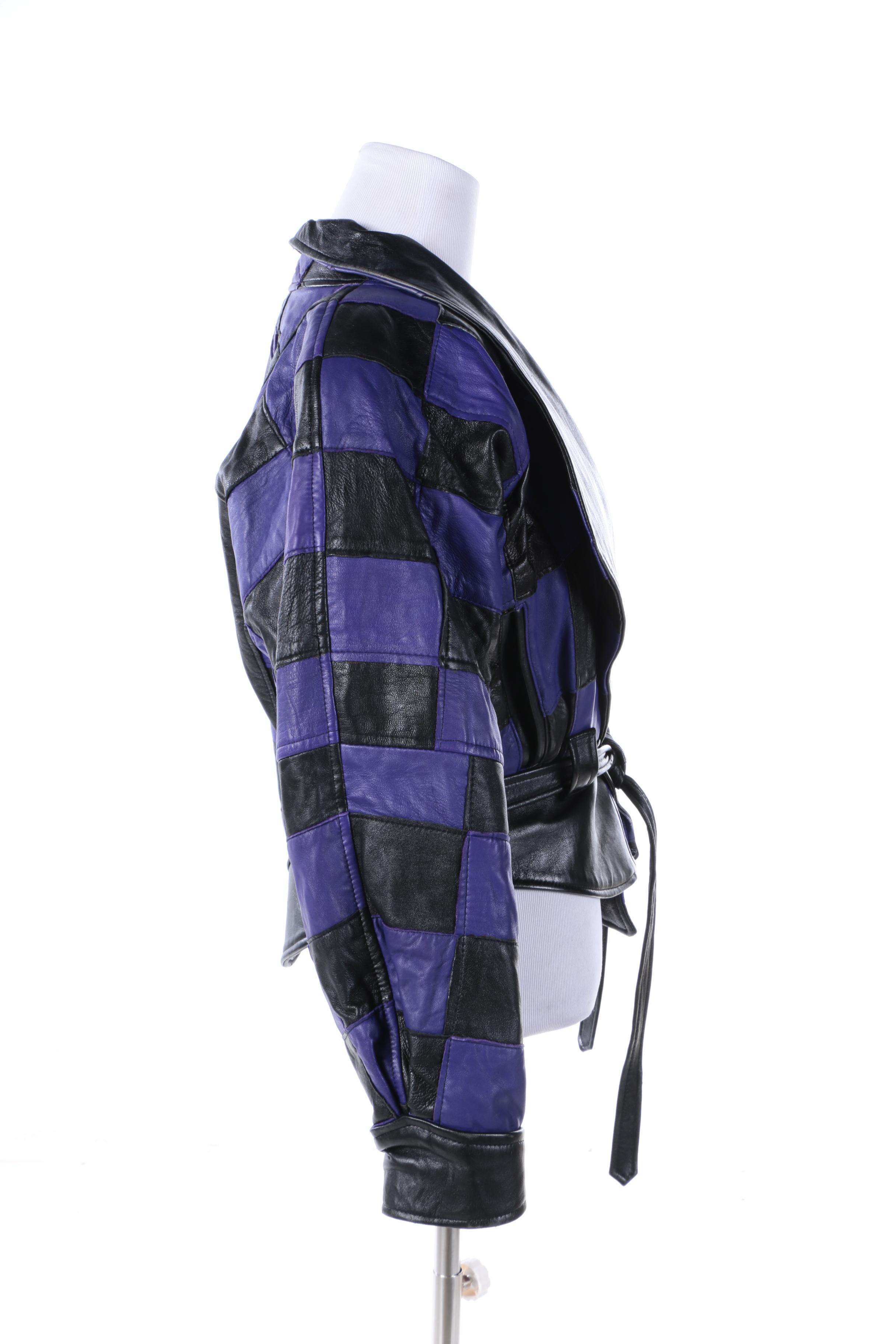 1980s Vintage Twin's Black and Purple Checkered Leather Jacket