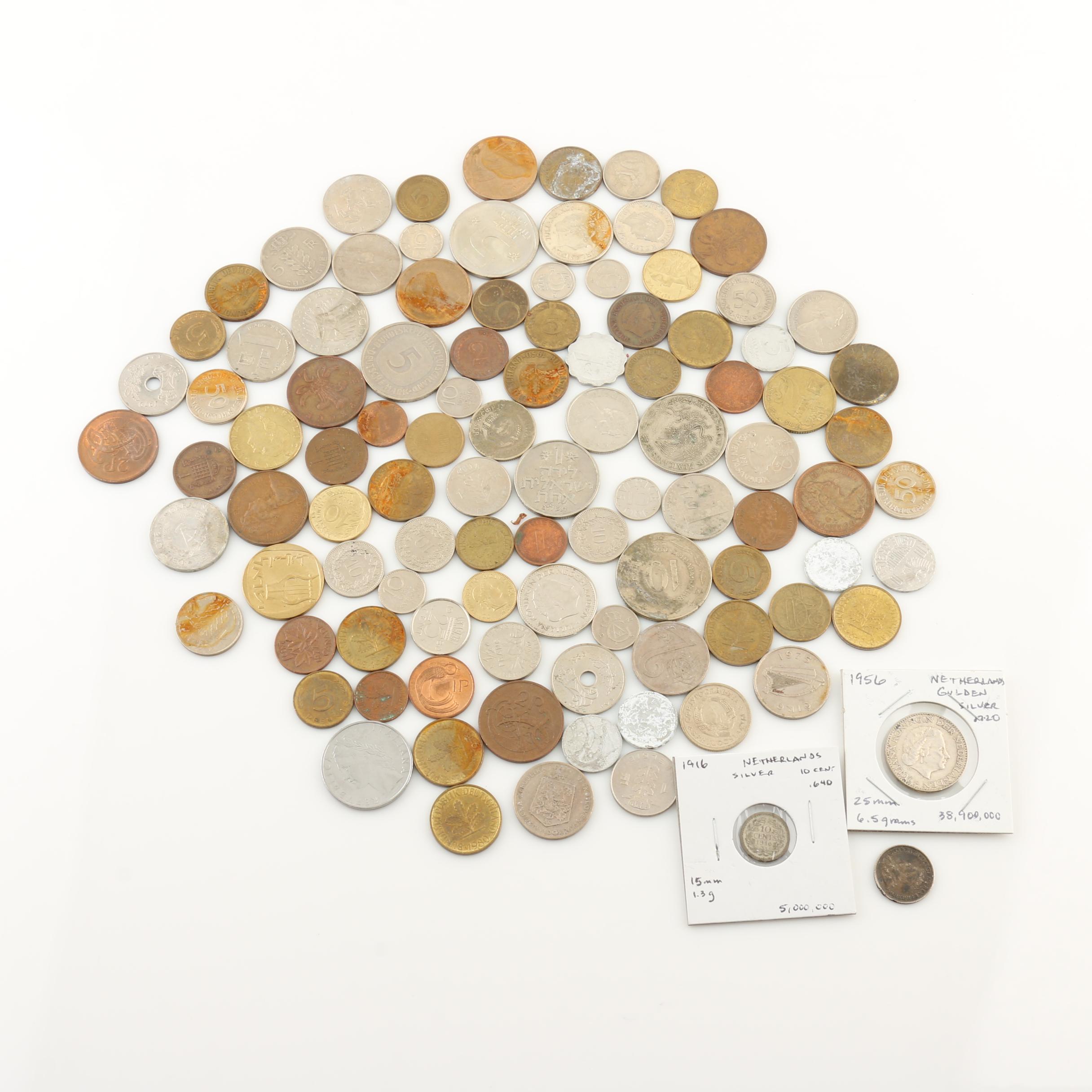 Group of Over 100 Foreign Coins Including a 1956 Netherlands Silver Coin