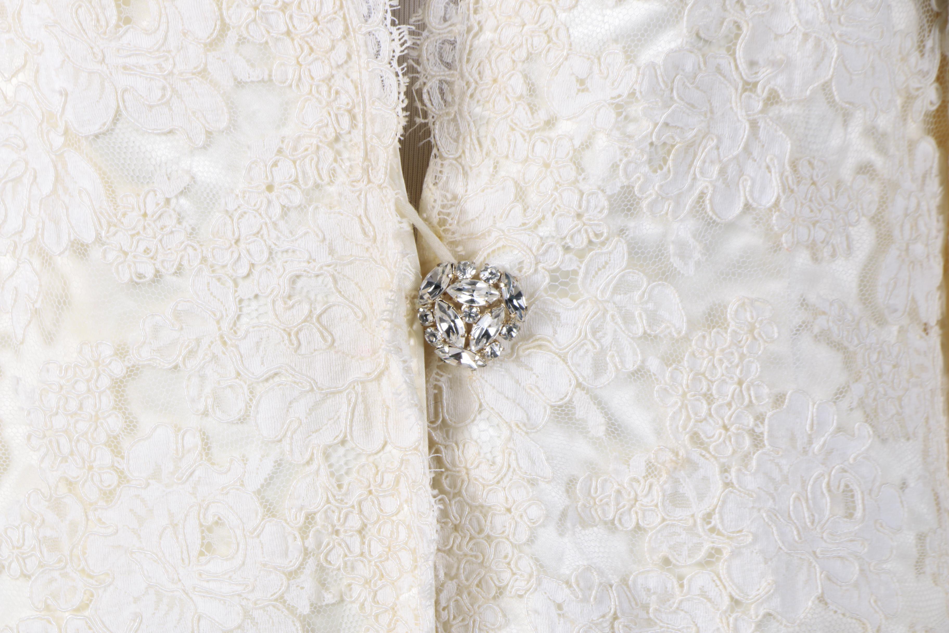 Vintage Cream Lace Jacket with Rhinestone Burst Button