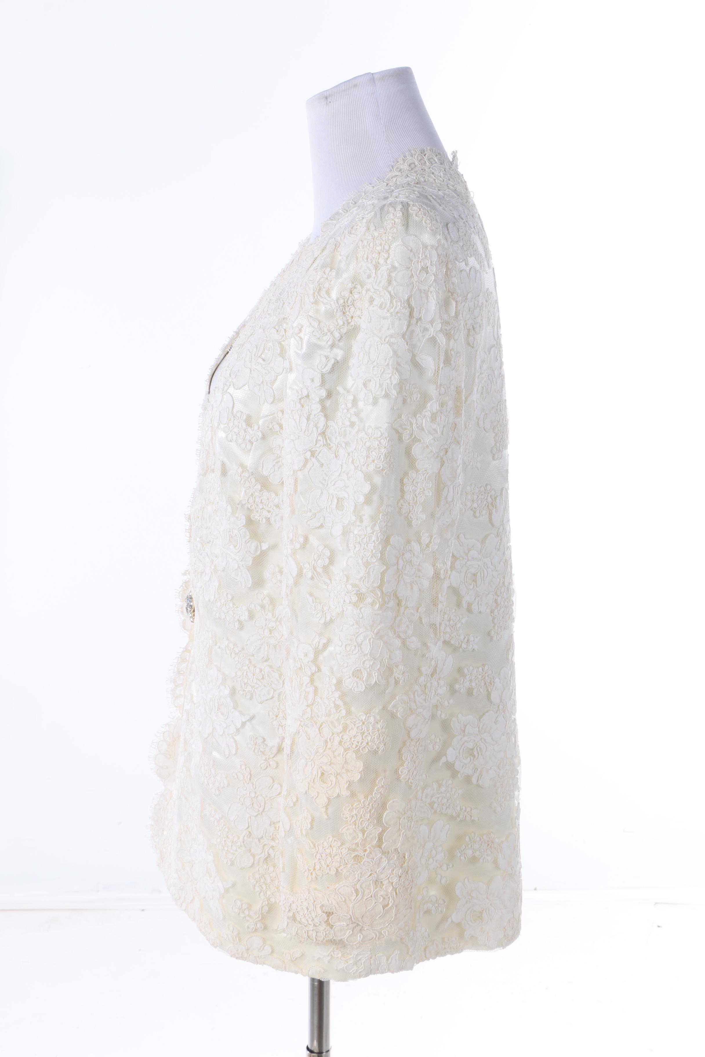 Vintage Cream Lace Jacket with Rhinestone Burst Button