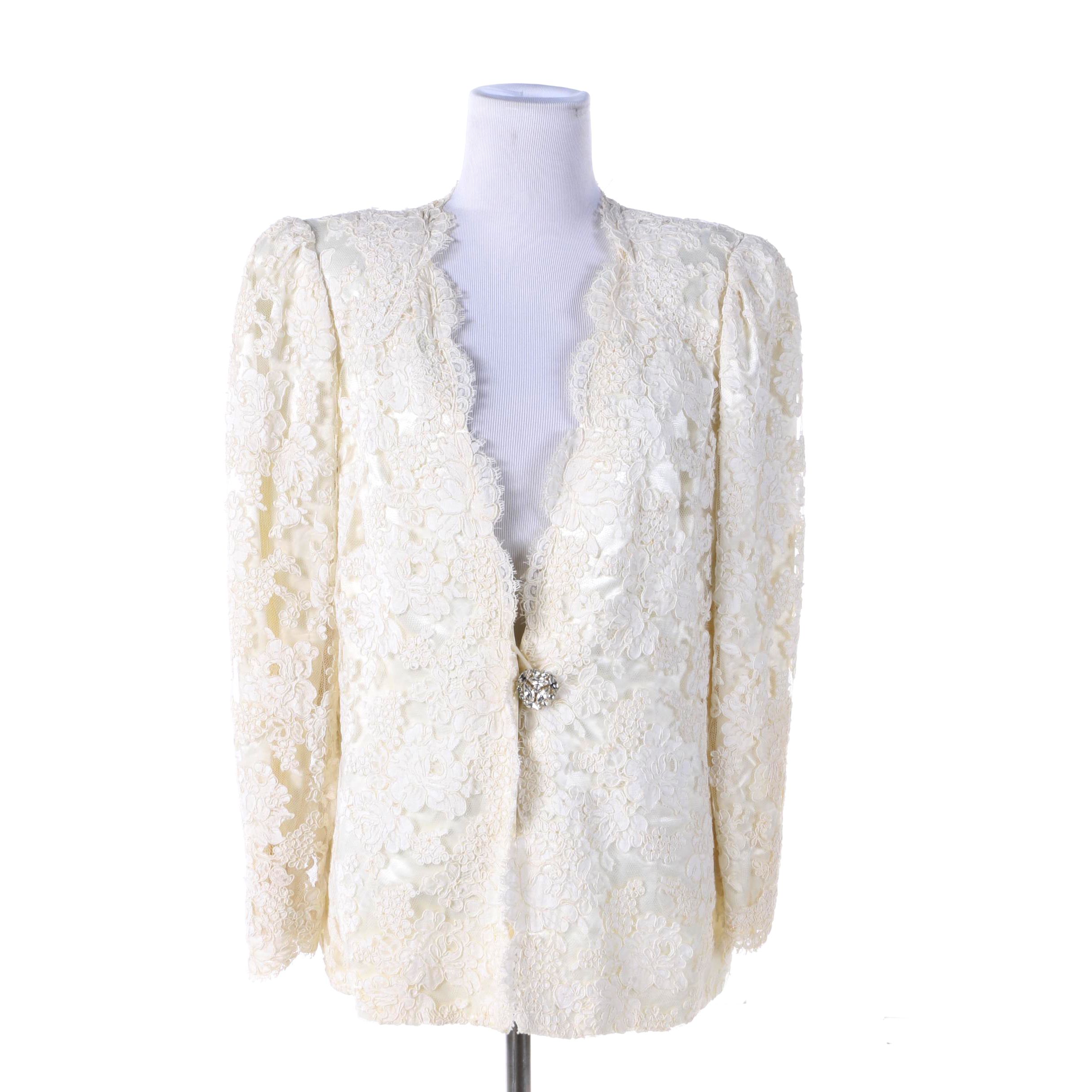 Vintage Cream Lace Jacket with Rhinestone Burst Button