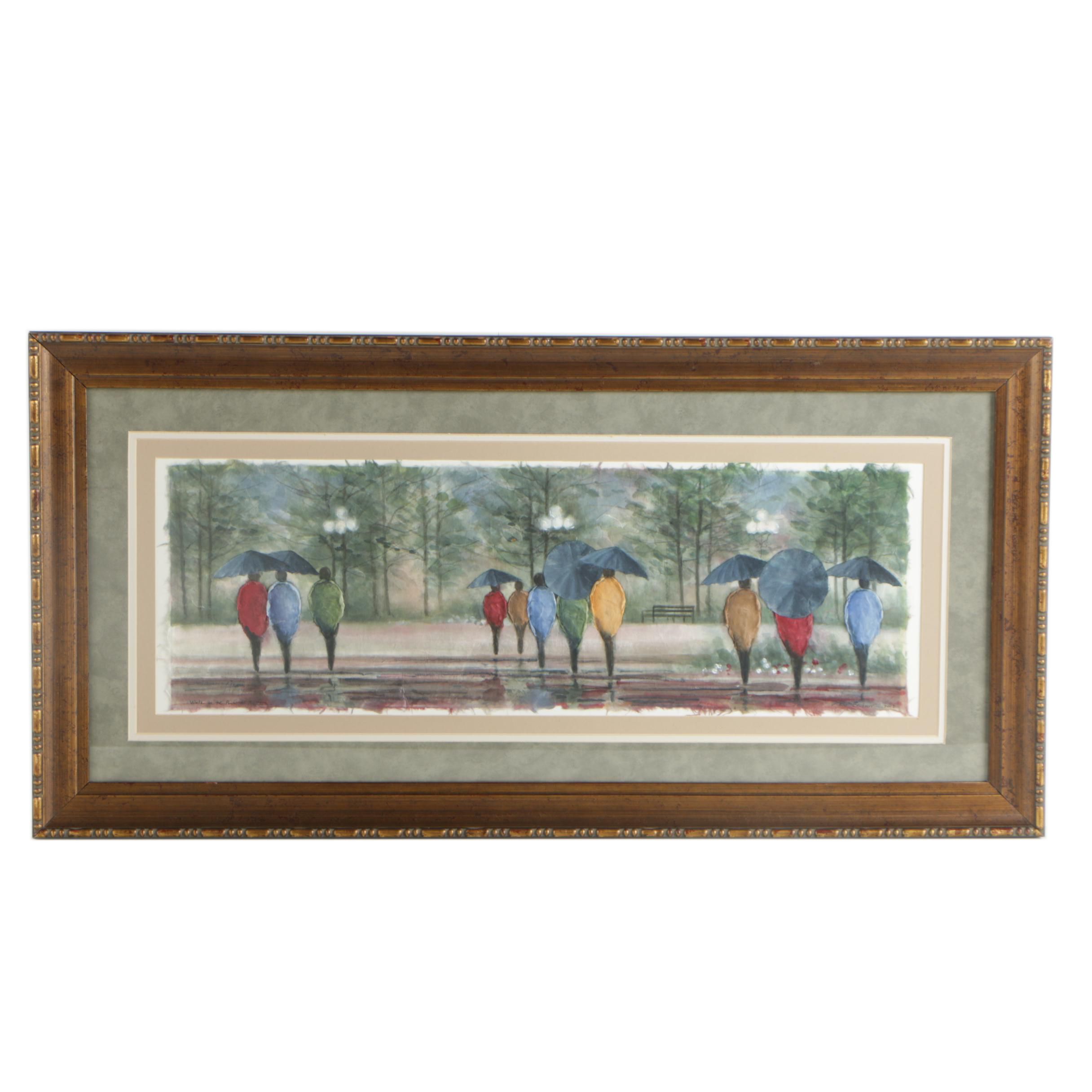 Ross Erickson Embellished Watercolor Painting "Walk in the Park at Night"