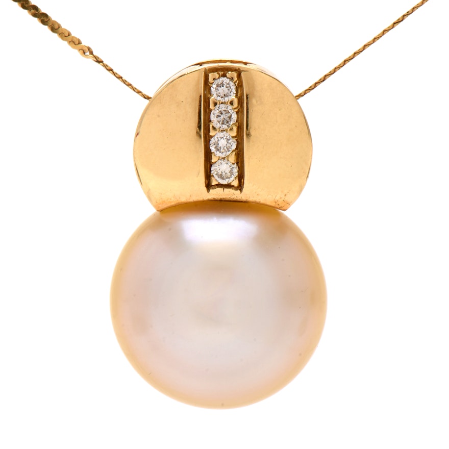 14K and 18K Yellow Gold Cultured Pearl and Diamond Pendant Necklace