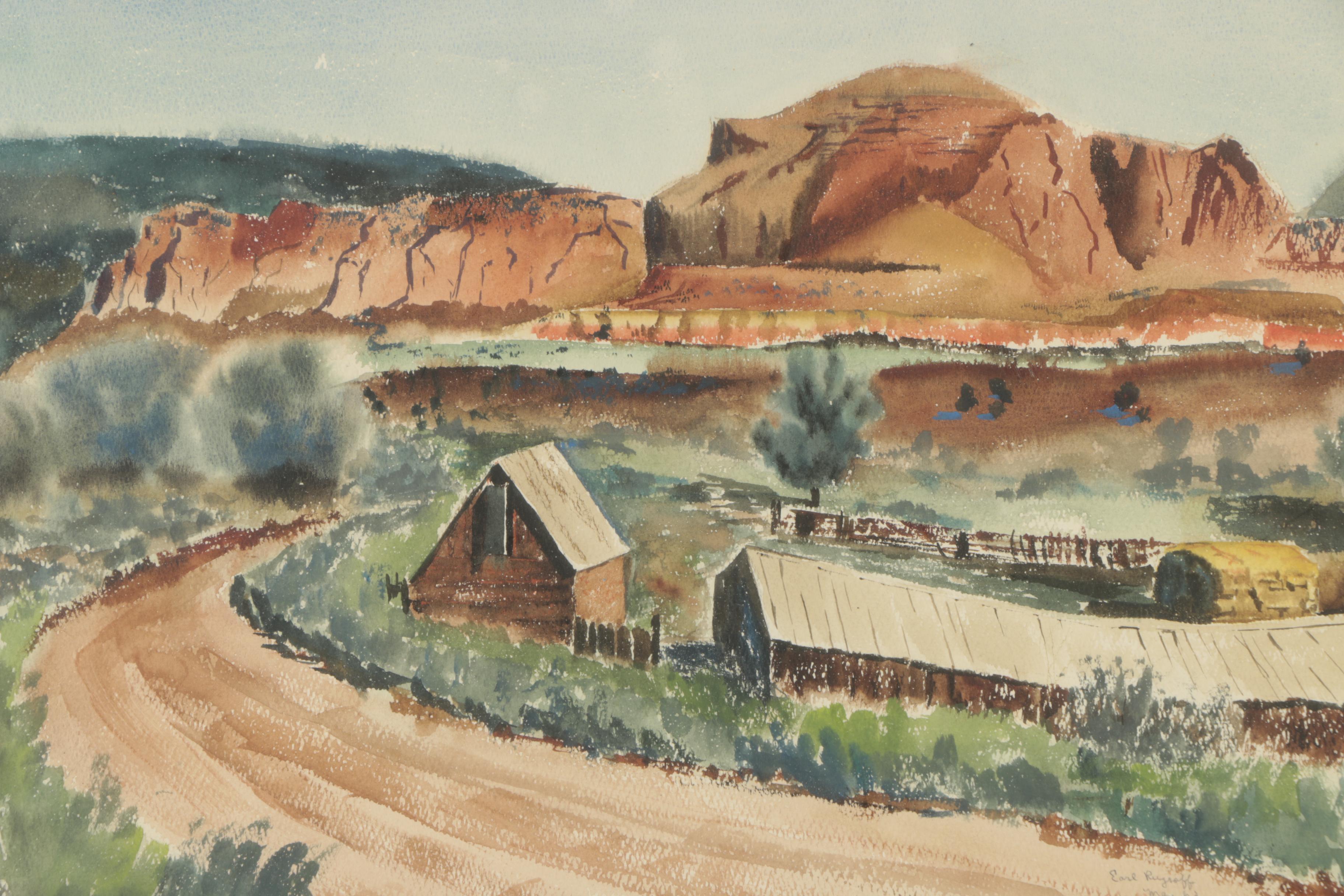 1962 Watercolor Painting of Ranch Estate