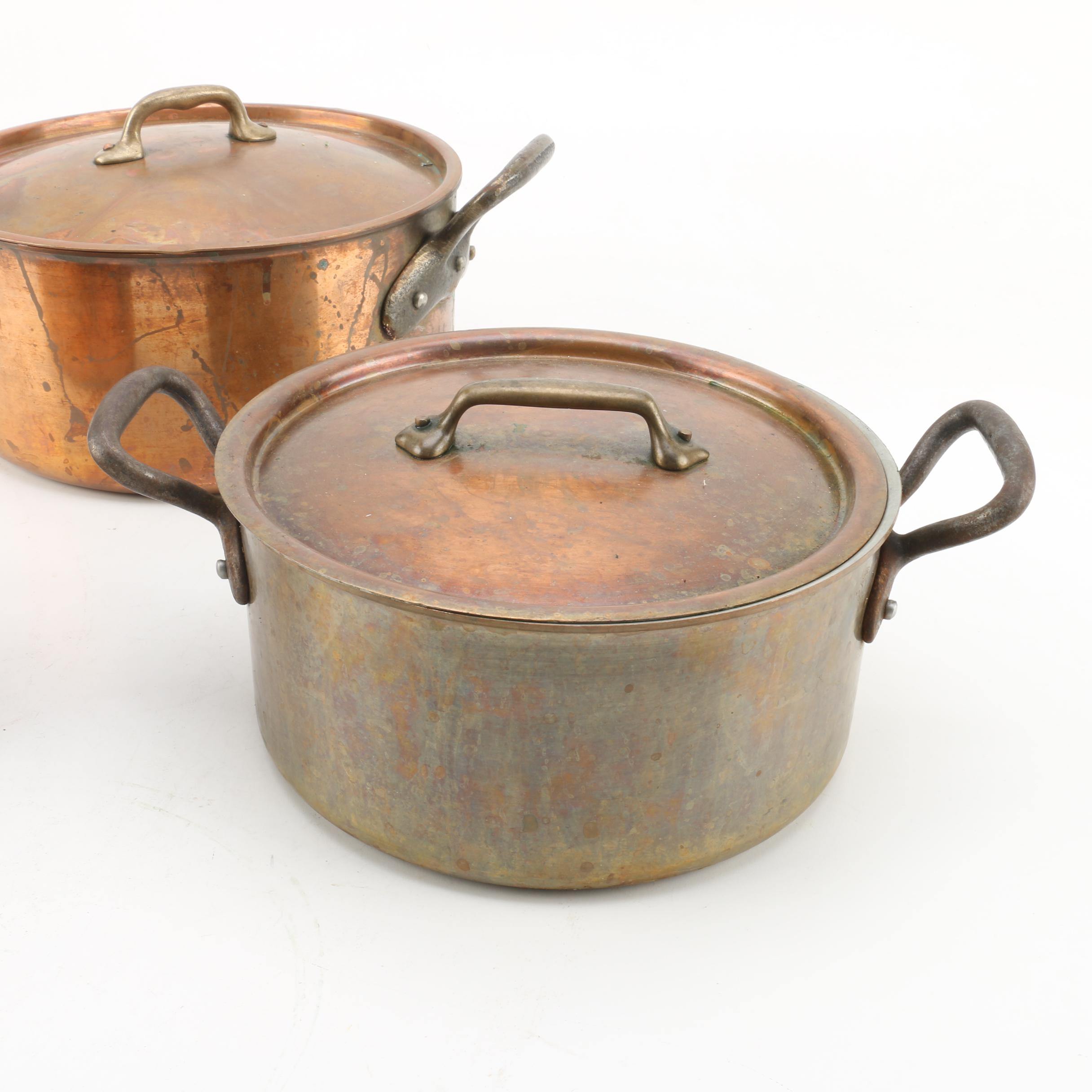Vintage Copper Pots and Lids Including French Inocuivre Sartel Oval Casserole