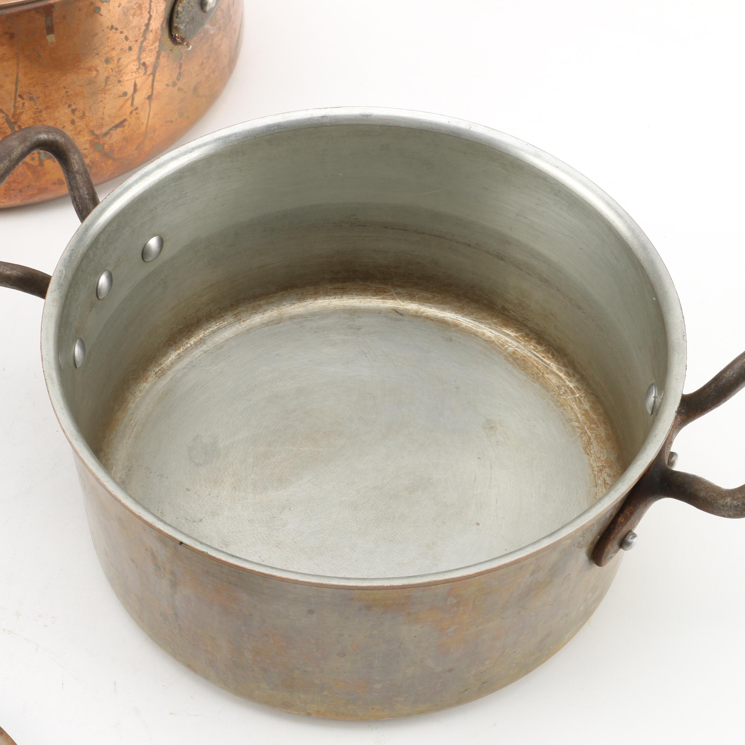 Vintage Copper Pots and Lids Including French Inocuivre Sartel Oval Casserole