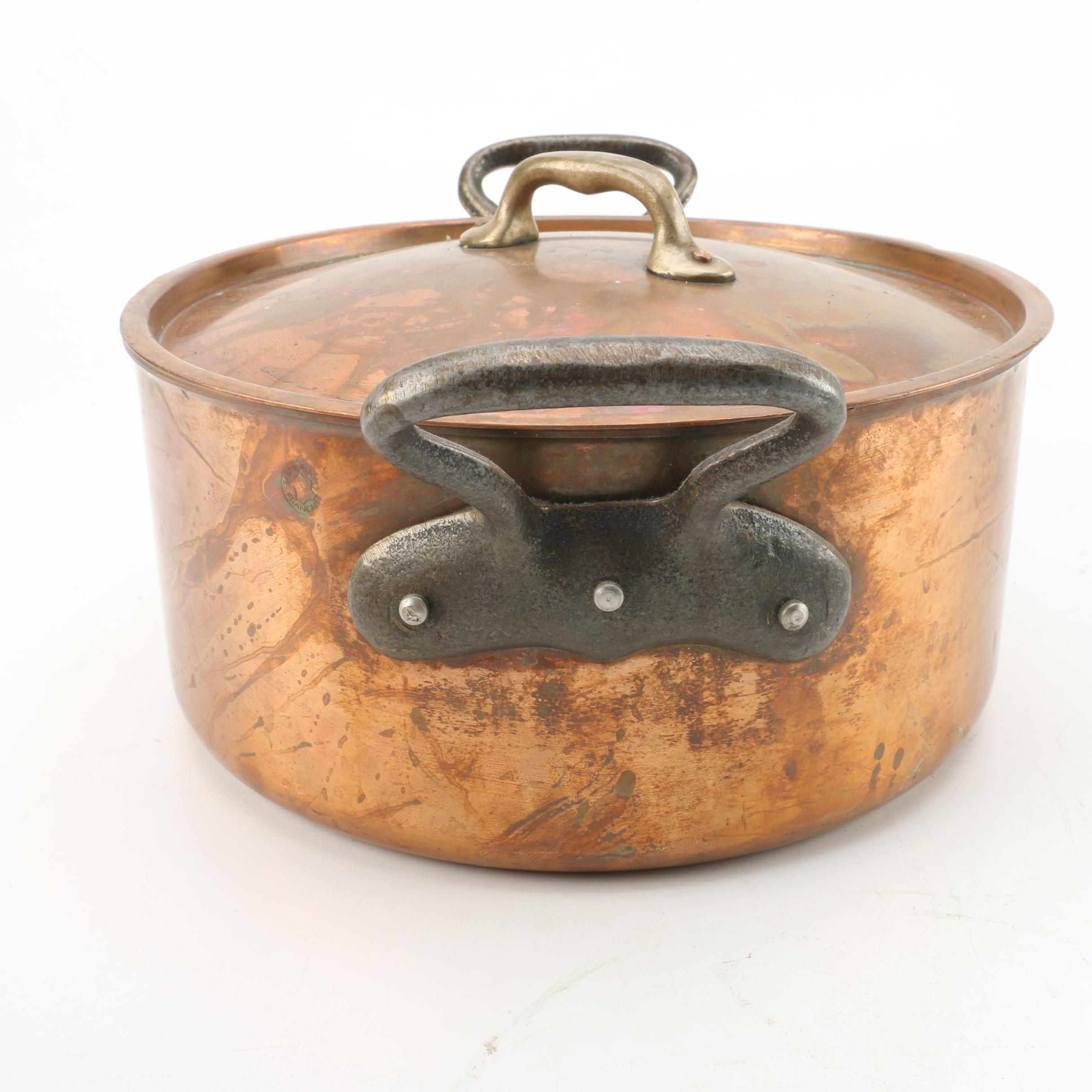 Vintage Copper Pots and Lids Including French Inocuivre Sartel Oval Casserole