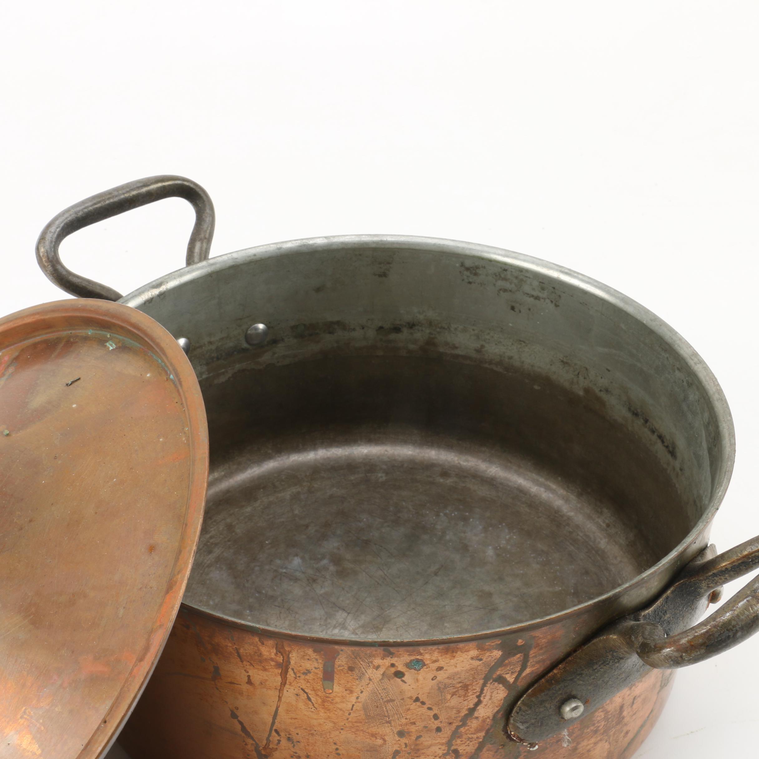 Vintage Copper Pots and Lids Including French Inocuivre Sartel Oval Casserole