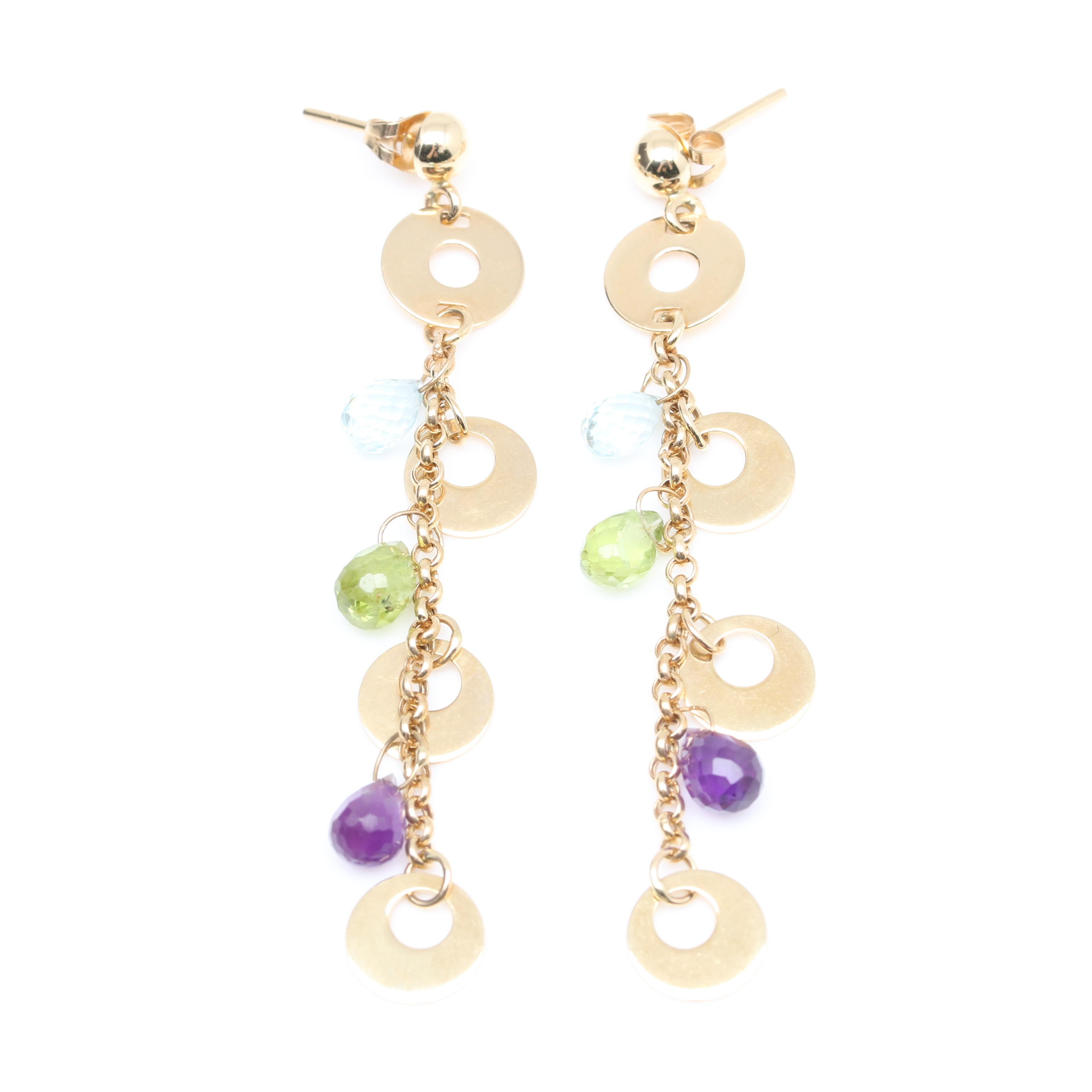 14K Yellow Gold Blue Topaz, Peridot, and Amethyst Dangle Earrings