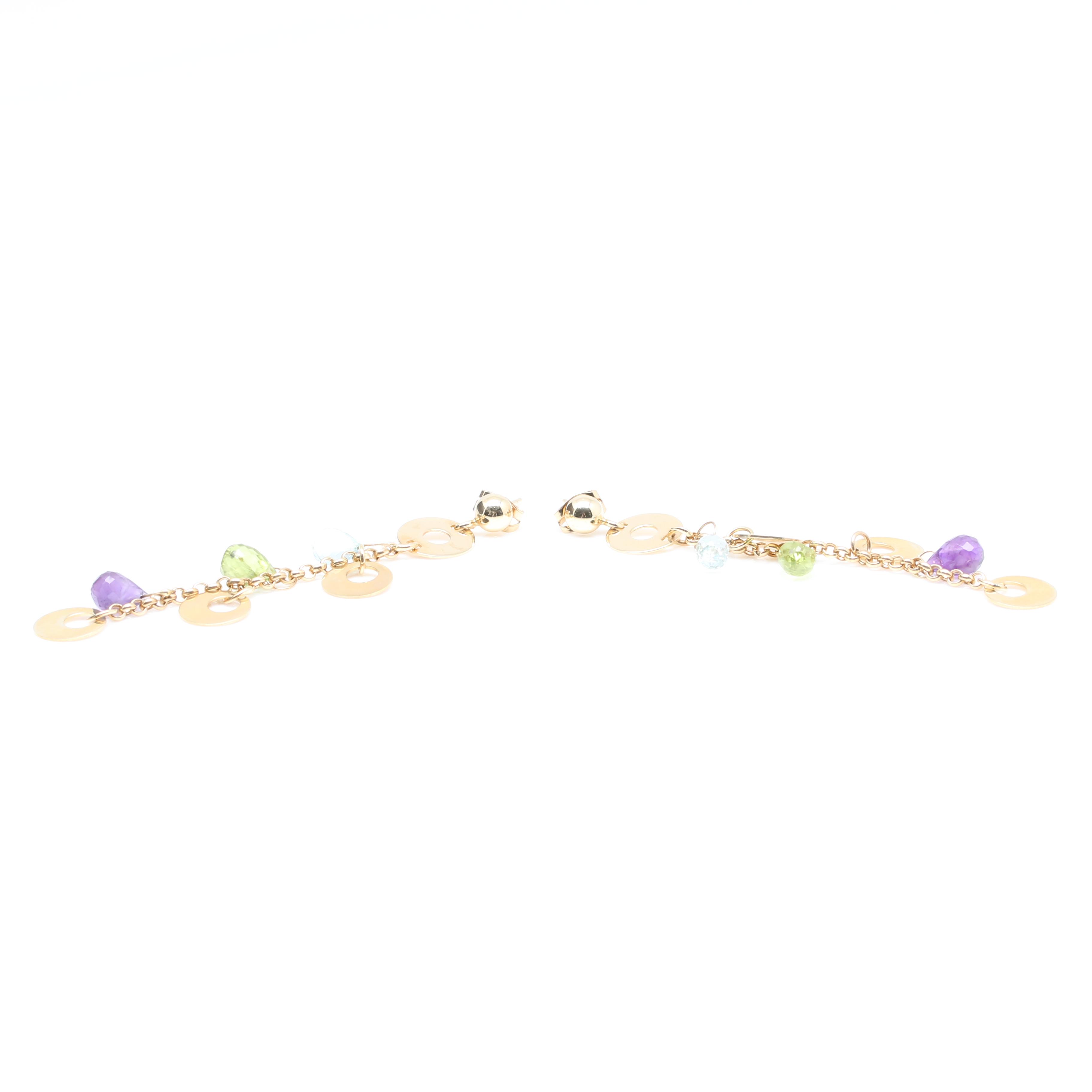 14K Yellow Gold Blue Topaz, Peridot, and Amethyst Dangle Earrings