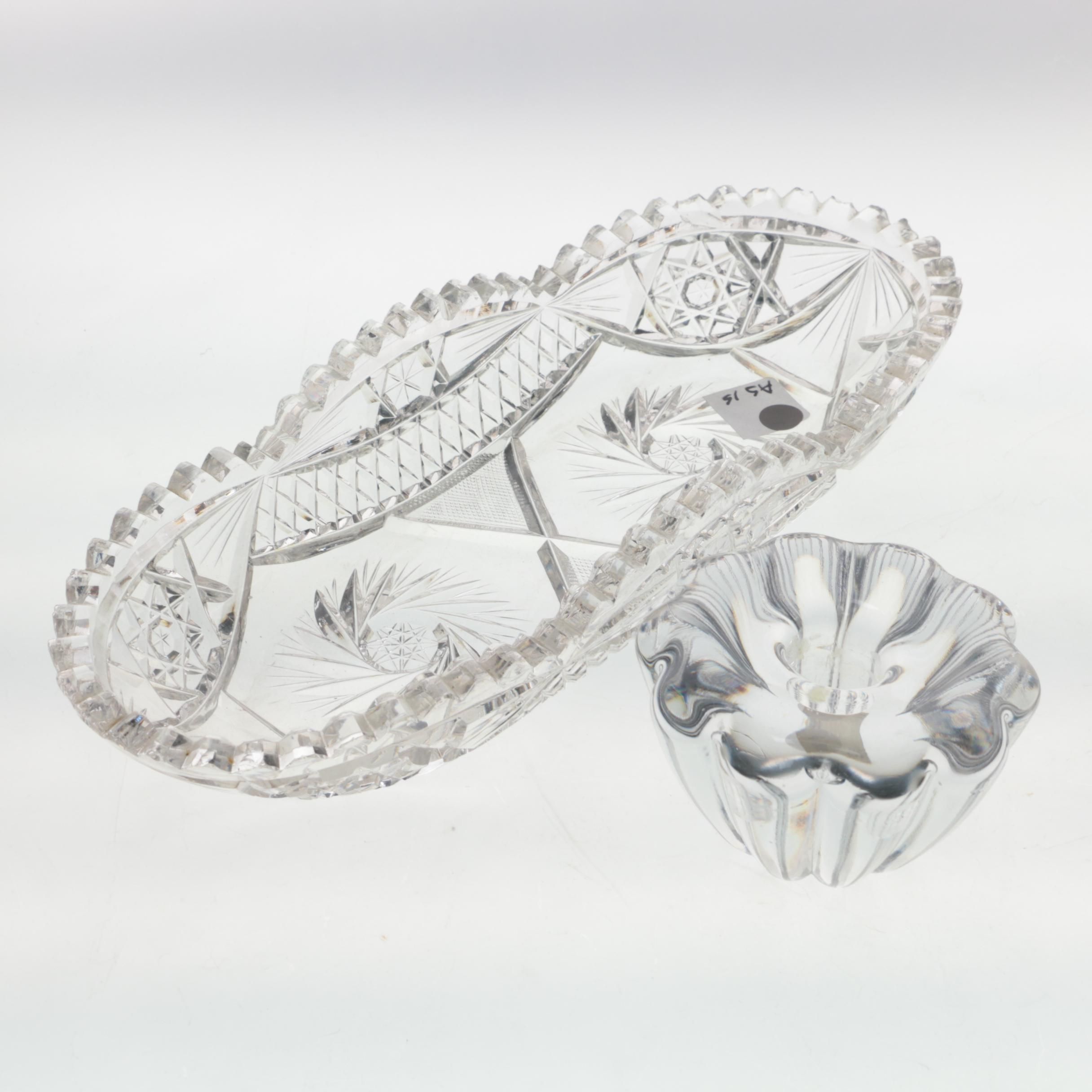 American Brilliant Period Cut Glass Celery Dish and Crystal Votive