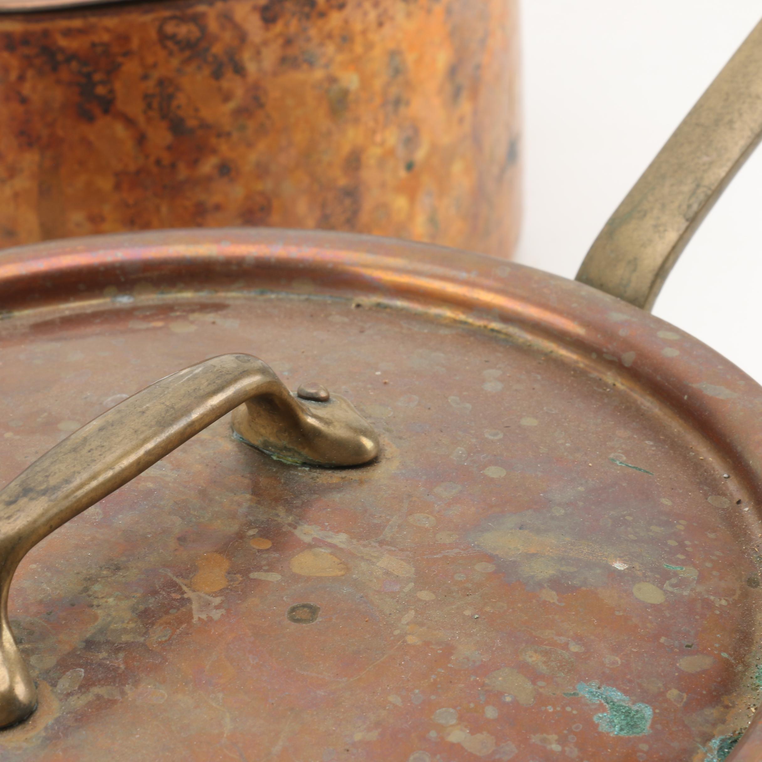 Vintage French Copper Saucepans with Lids and Brass Handles