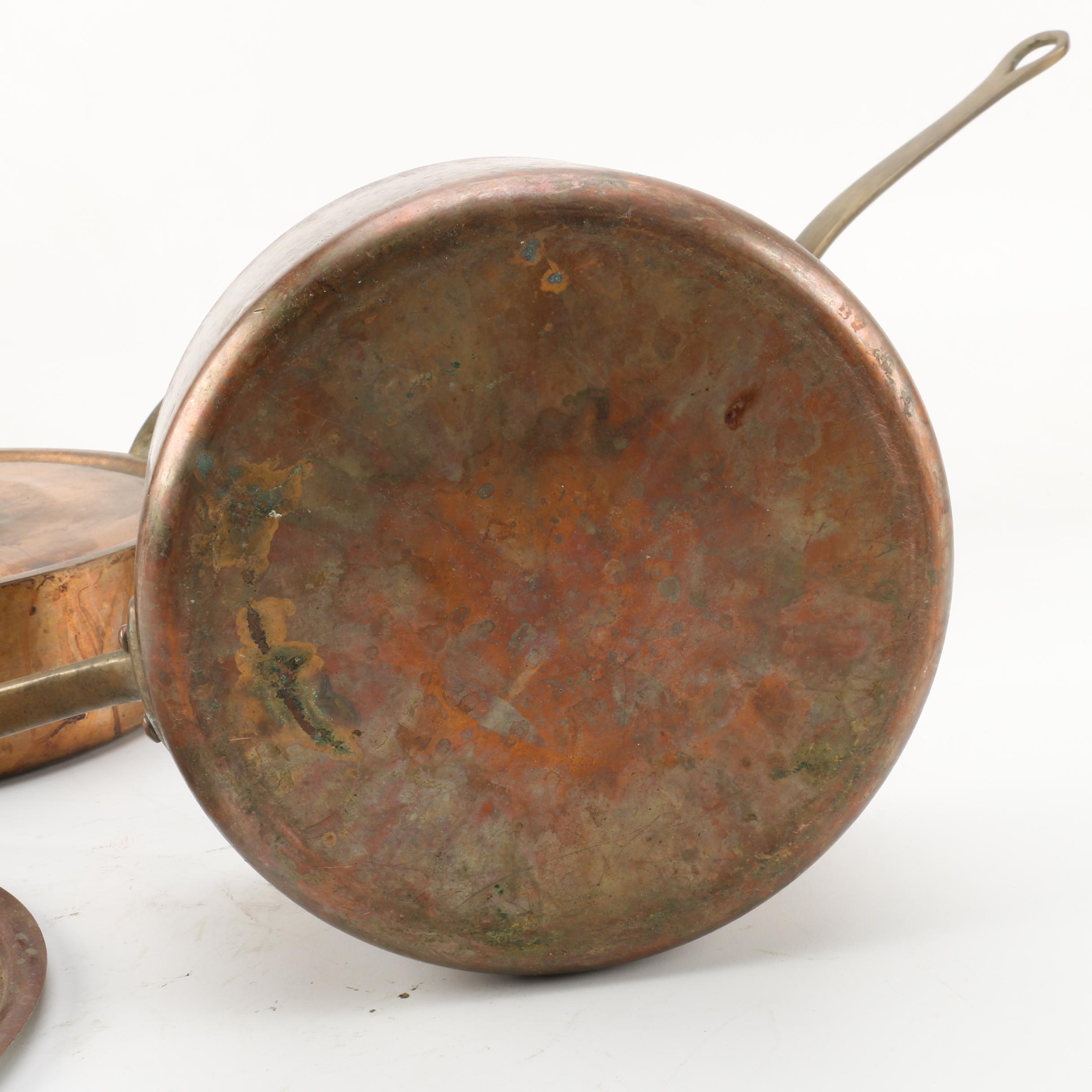 Vintage French Copper Saucepans with Lids and Brass Handles