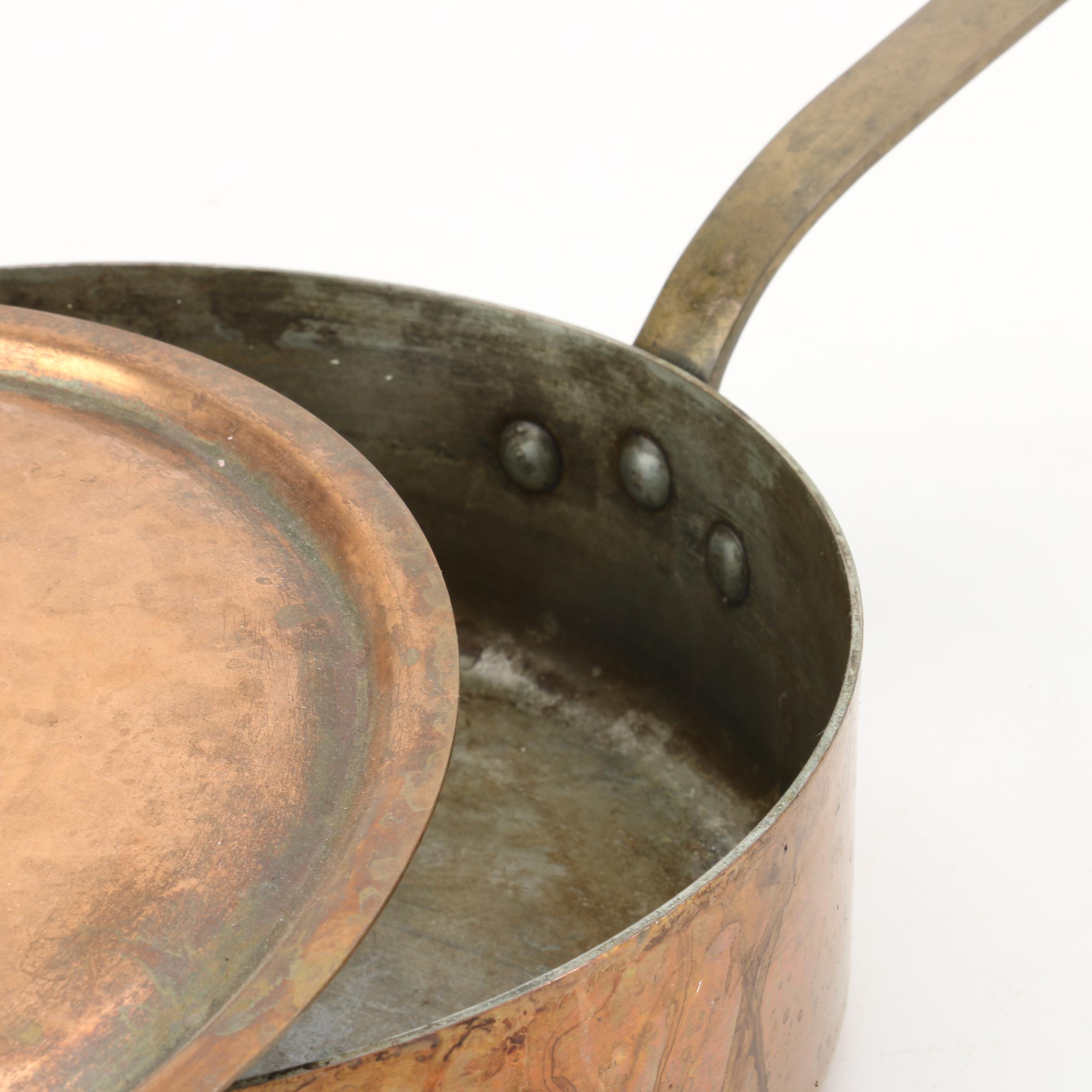 Vintage French Copper Saucepans with Lids and Brass Handles