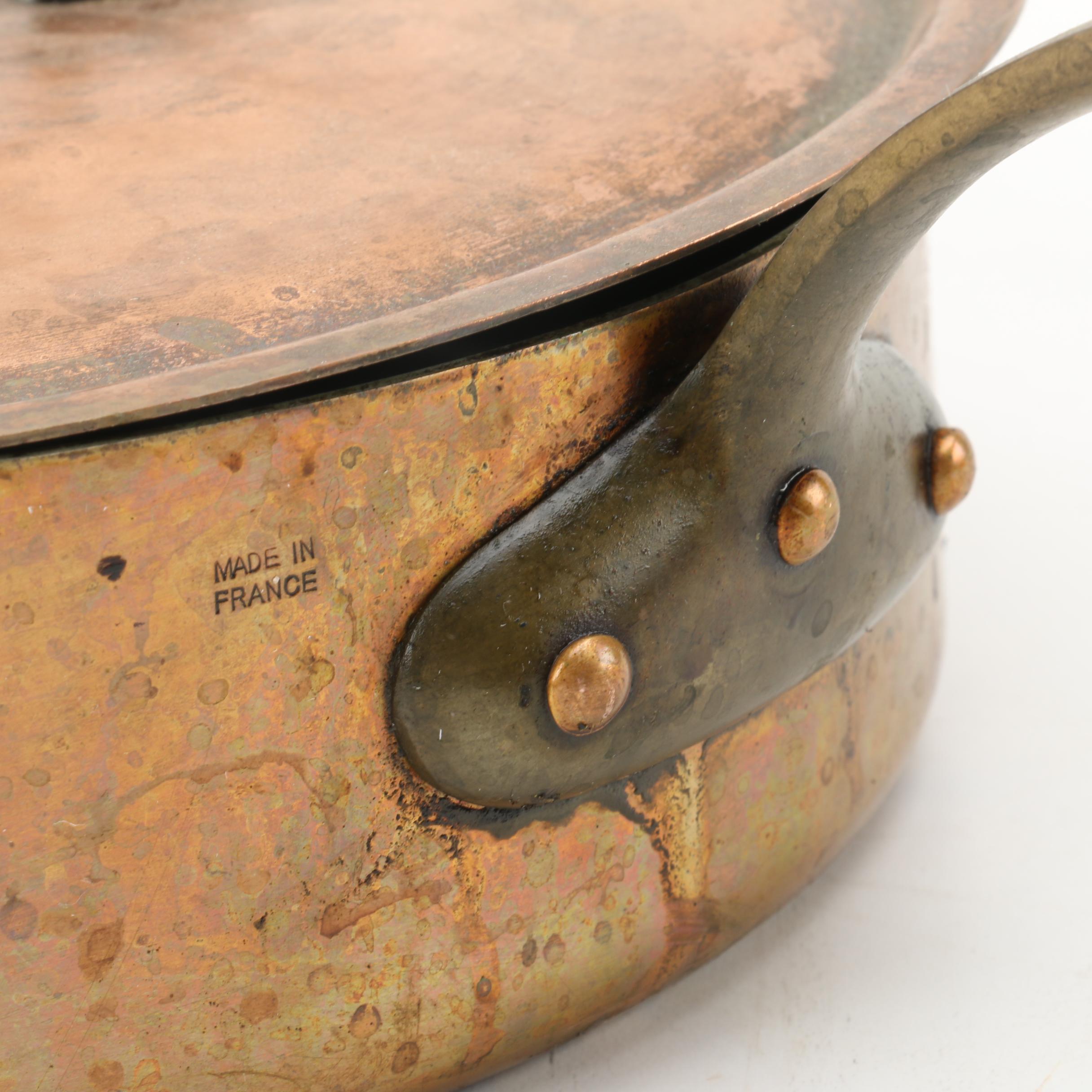 Vintage French Copper Saucepans with Lids and Brass Handles