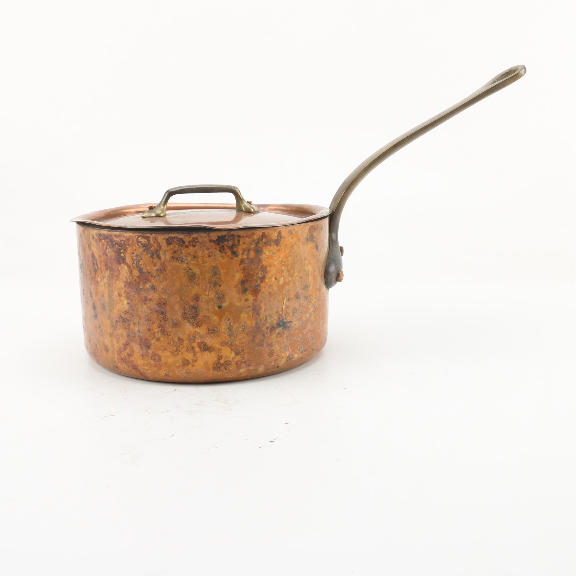 Vintage French Copper Saucepans with Lids and Brass Handles