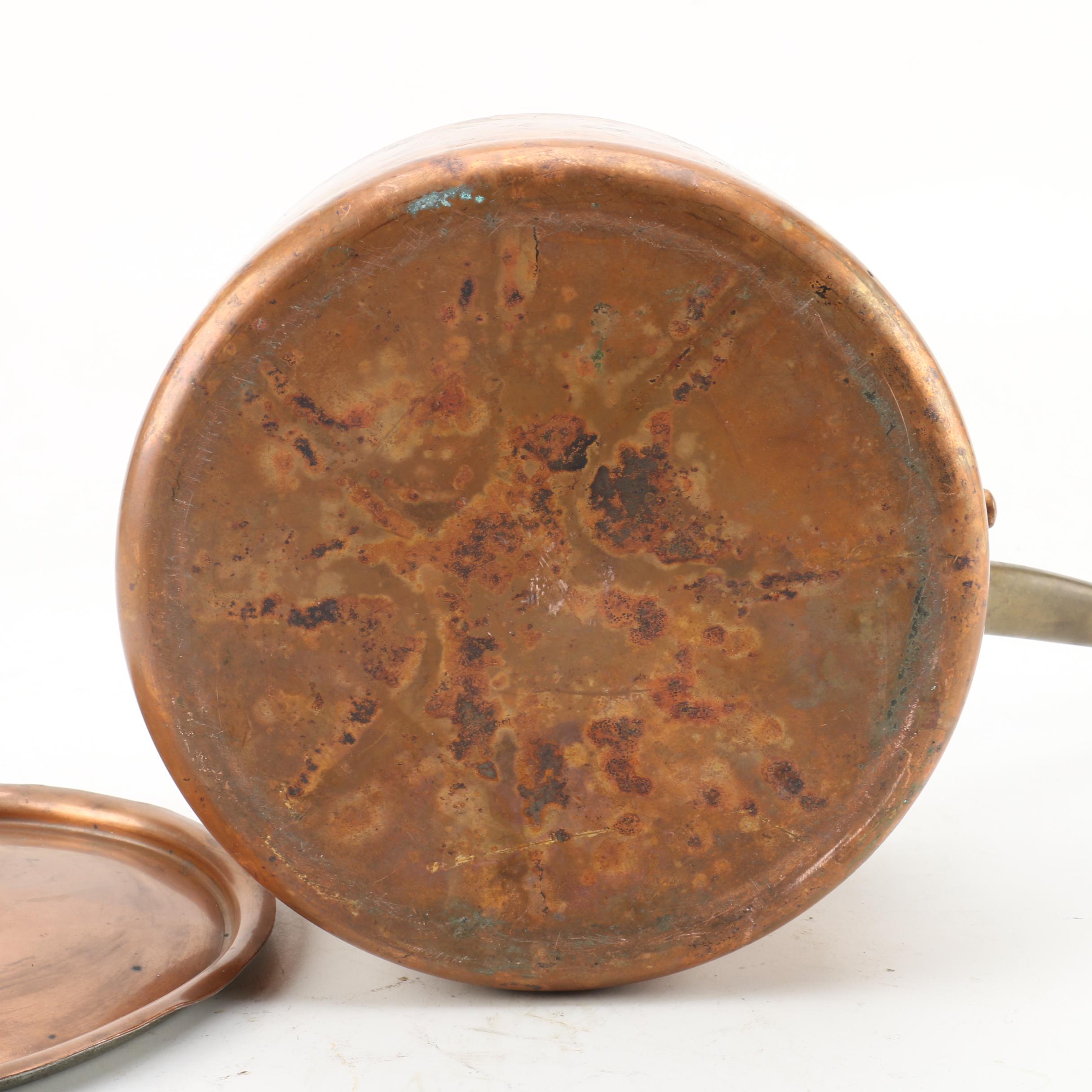 Vintage French Copper Saucepans with Lids and Brass Handles