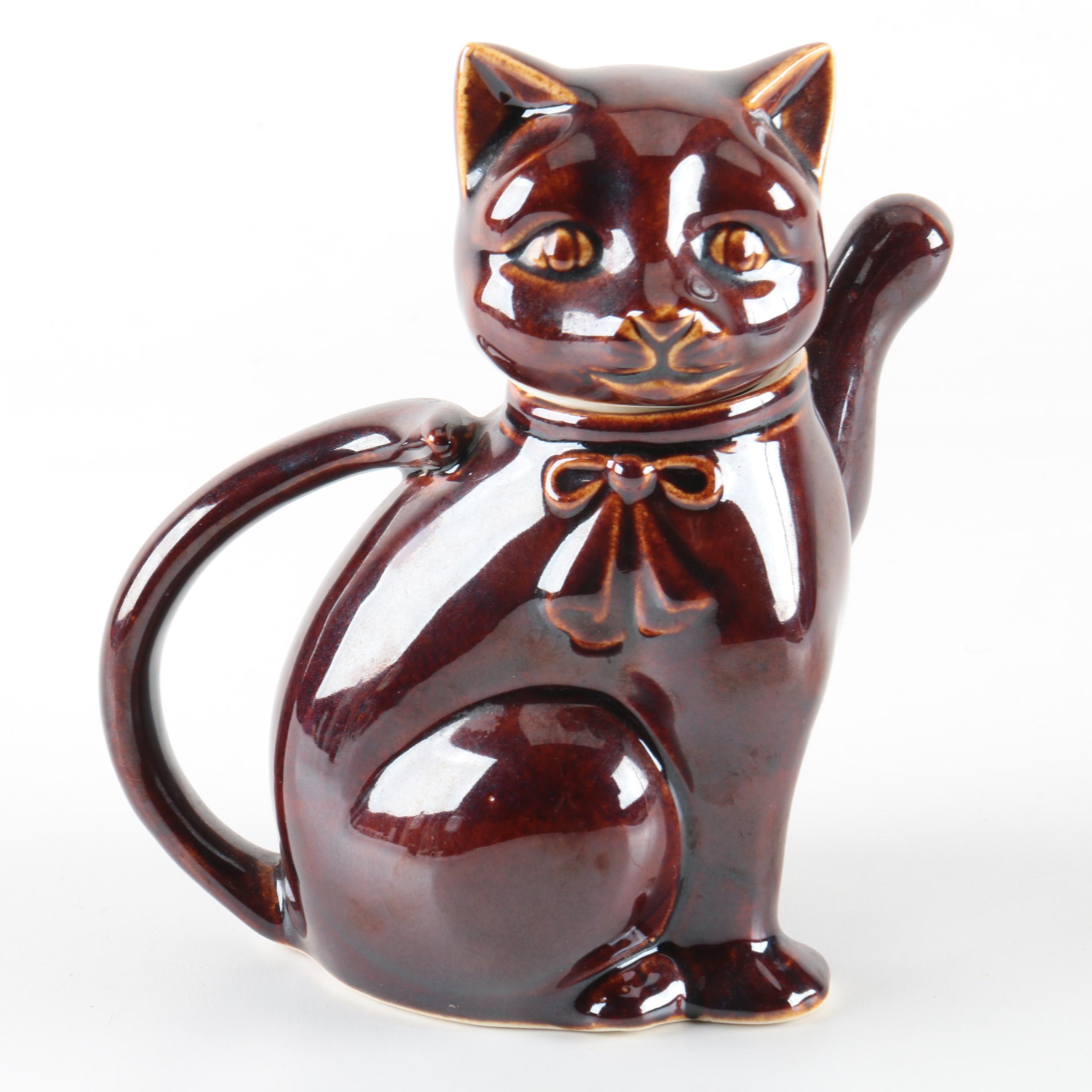 Vintage Chinese Brown Glazed Cat Figural Teapot with Head Lid 1950s