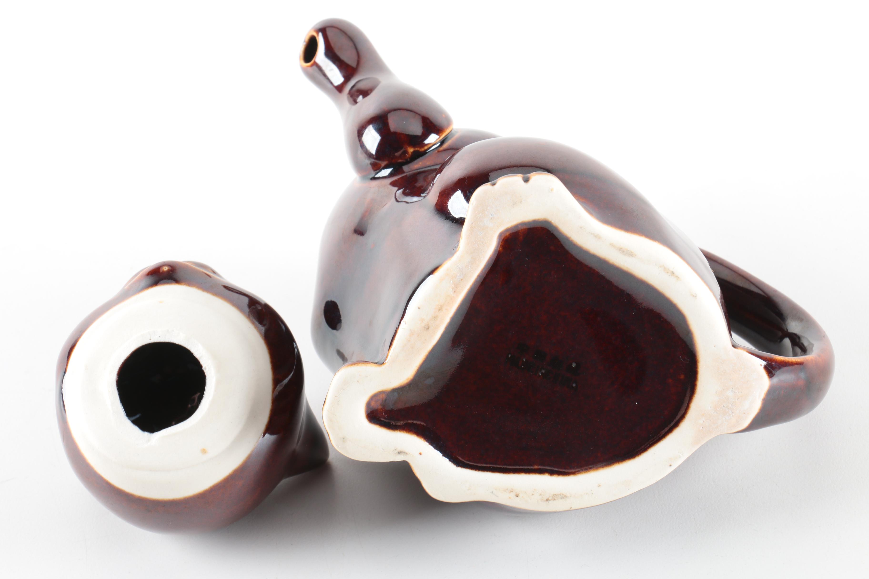 Vintage Chinese Brown Glazed Cat Figural Teapot with Head Lid 1950s